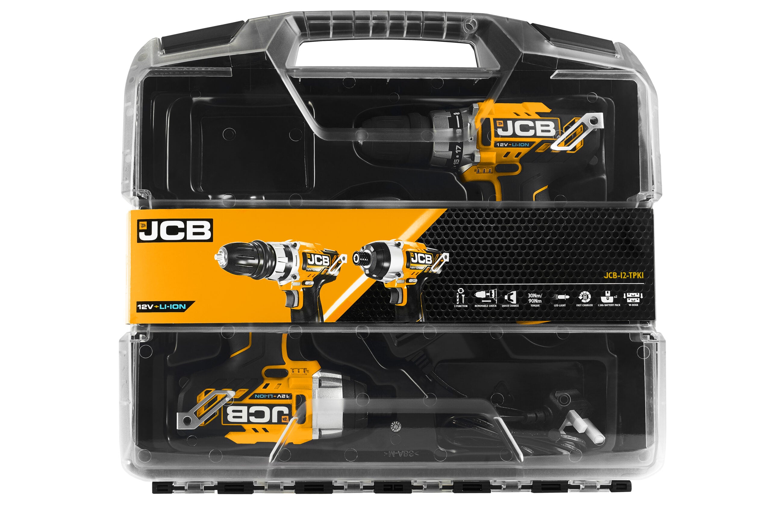 JCB 12V Cordless Combi Drill and Impact Driver Twinpack with 2x 2.0Ah Li-ion Batteries & Fast Charger in W-Boxx 102 Power Tool Case | 21-12TPK-WB-2