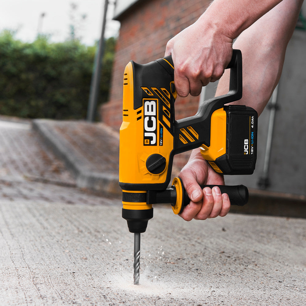 JCB 18V 1.7J SDS Rotary Hammer Drill, 5.0Ah Li-ion Battery, 2.4Ah Charger, 4x SDS Bits, Keyless and SDS Plus Chuck