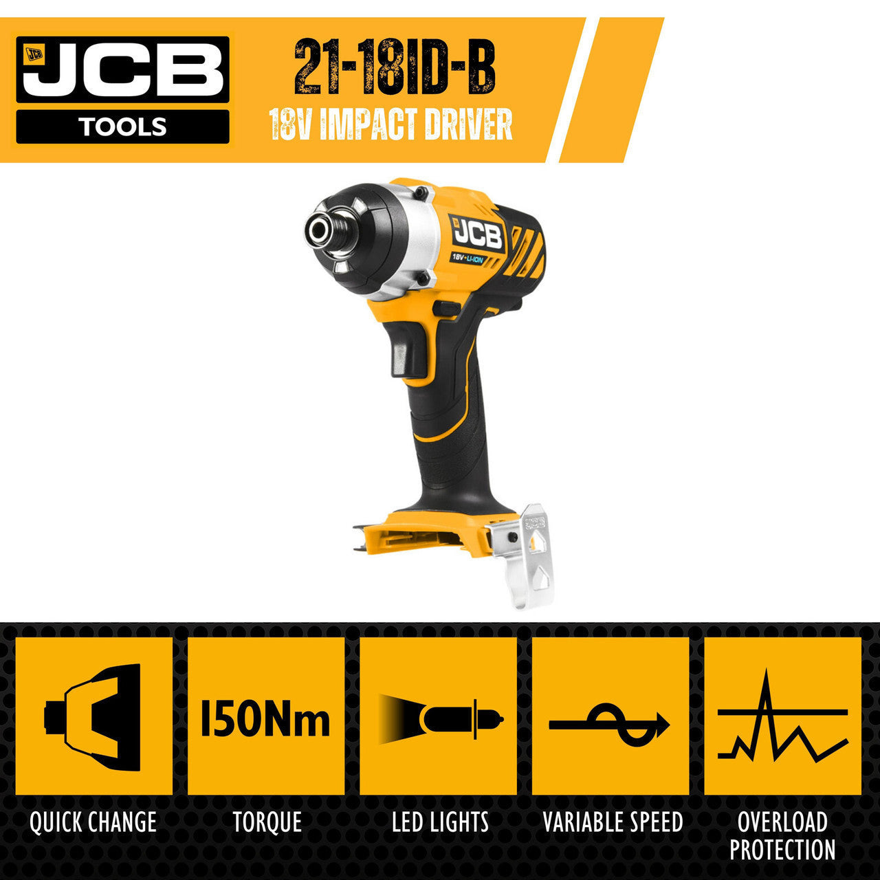 JCB 18V Cordless 150Nm Impact Driver & 5Ah Lithium-ion Battery Kit, 1/4" Hex Quick Release Chuck