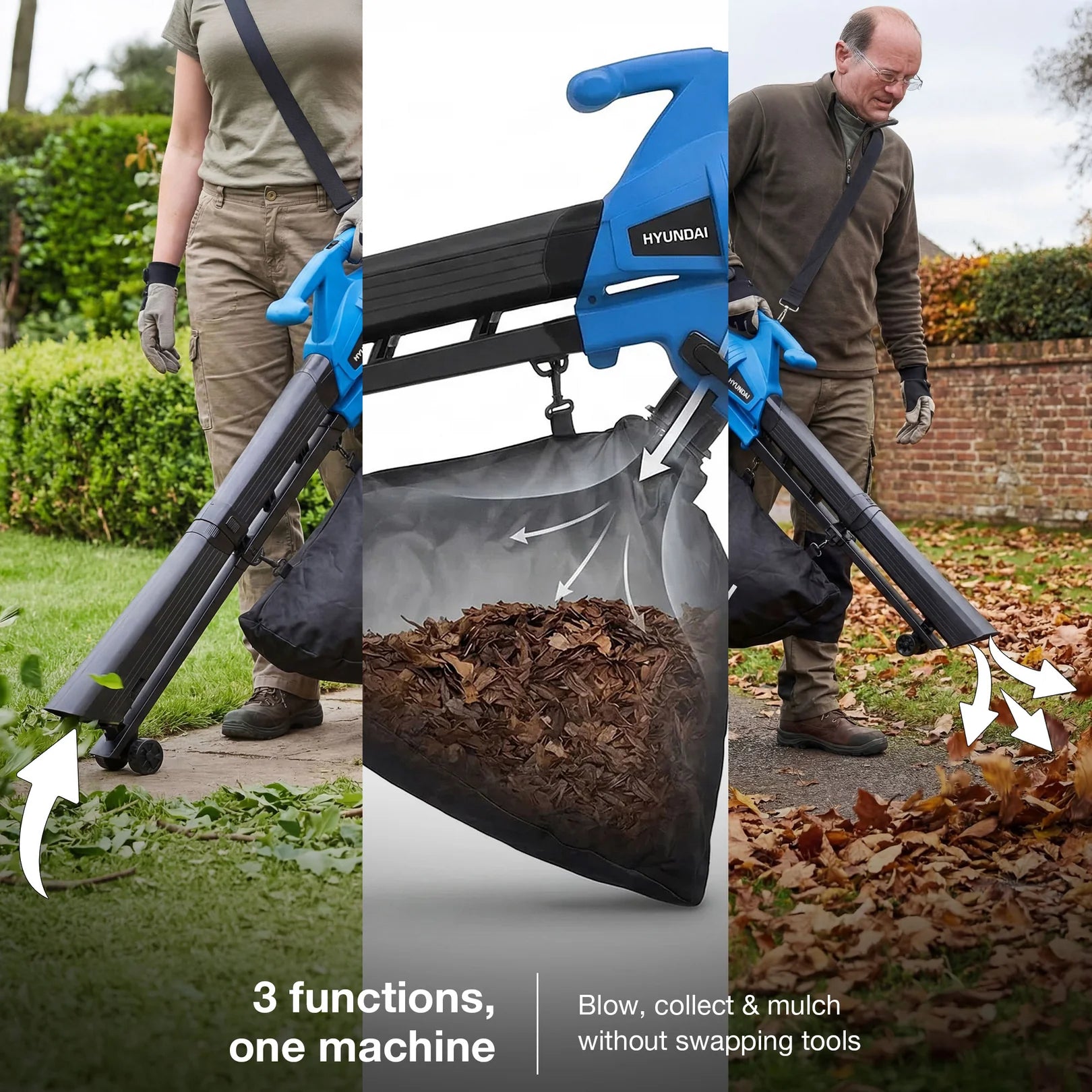 Hyundai 3000W Electric Leaf Blower & Vacuum | 3-in-1 | 34L Collection Bag | HYBV3000E3