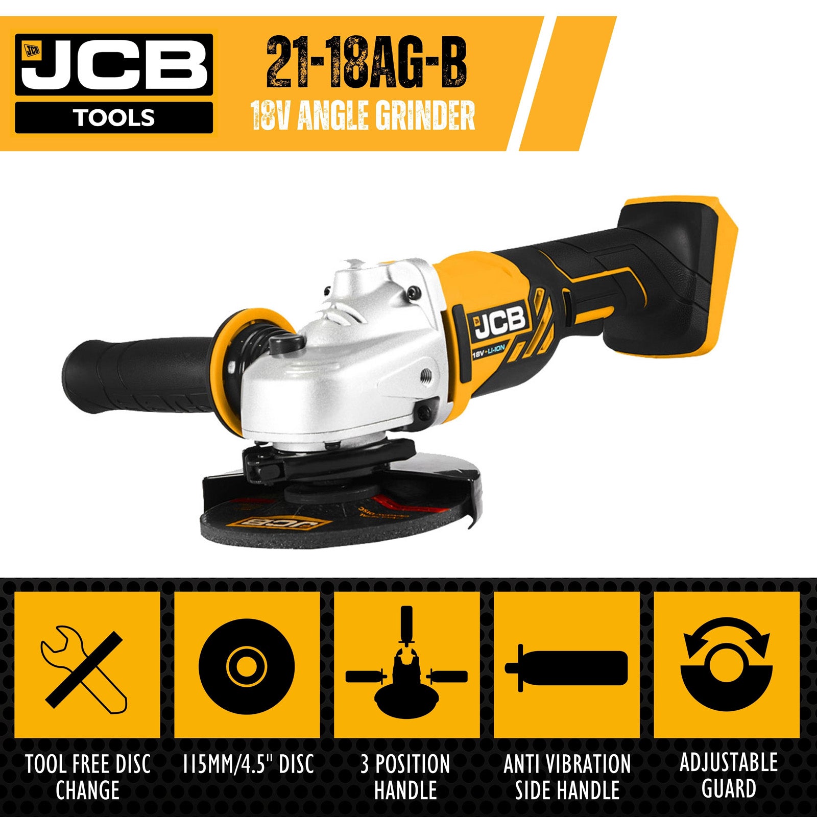 JCB 18V 115mm 4 1/2" Cordless Angle Grinder , 2x 2.0Ah Li-on Battery, M14 Thread | JCB-18AG-2-V2