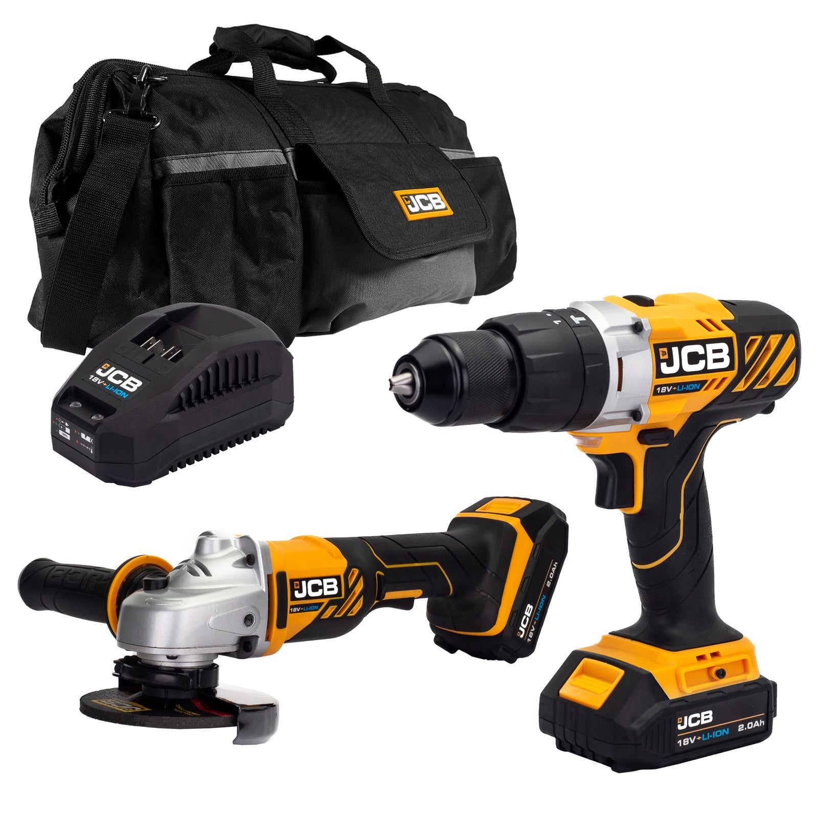 JCB 18V Combi Drill & Angle Grinder Kit 2x 2.0ah Li-Ion Batteries, Fast Charger in 20" kit bag | 21-18AGCD-2