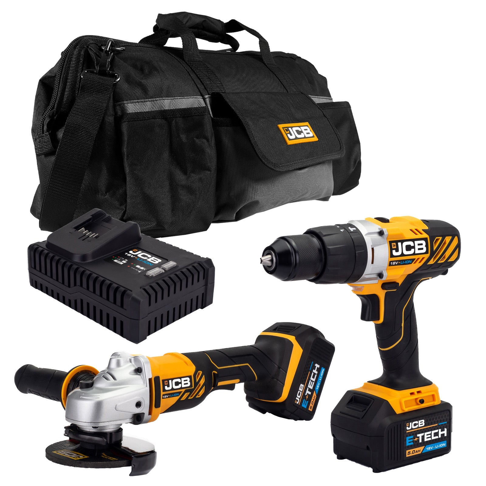 JCB 18V Combi Drill & Angle Grinder Kit, 2x 5.0ah Li-Ion Batteries, Fast Charger in 20" kit bag | 21-18AGCD-5