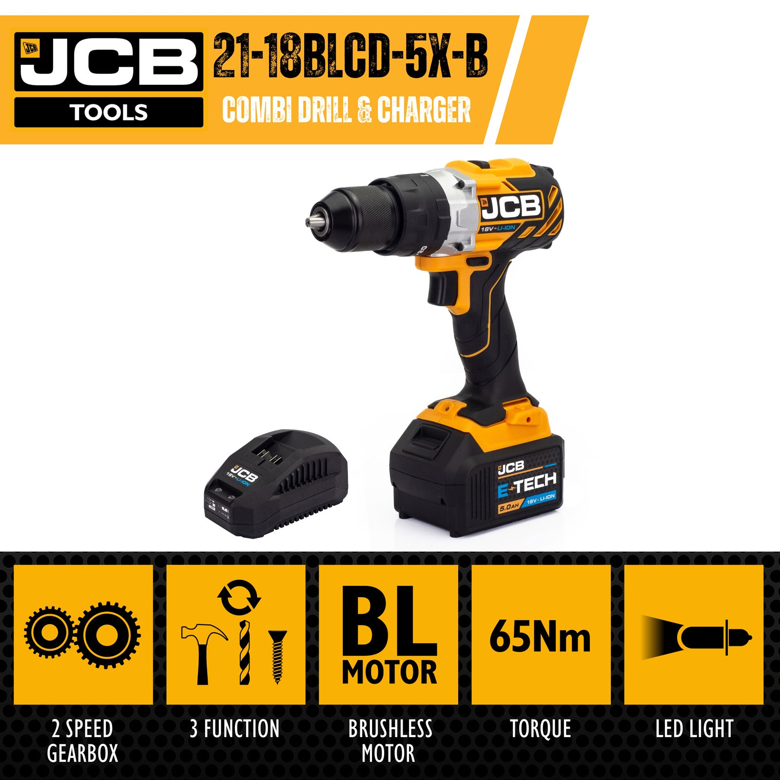 JCB 18V 65Nm Brushless, Variable Speed Combi Drill with 5.0Ah Li-ion Battery & 2.4A Charger | JCB-18BLCD-5X-B
