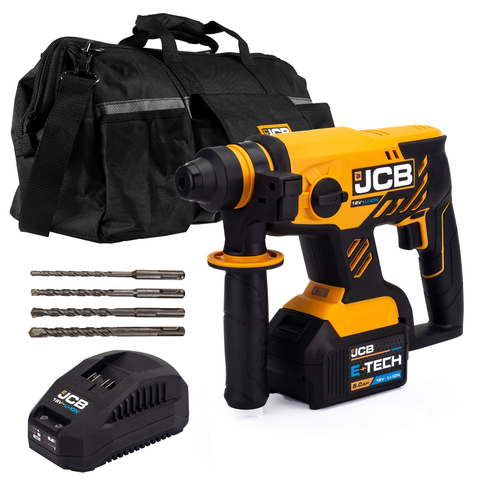 JCB 18V Brushless Rotary Hammer Drill Kit SDS 5Ah Lithium-Ion Battery and Charger in 20" Kit Bag | 21-18BLRH-5X-BG