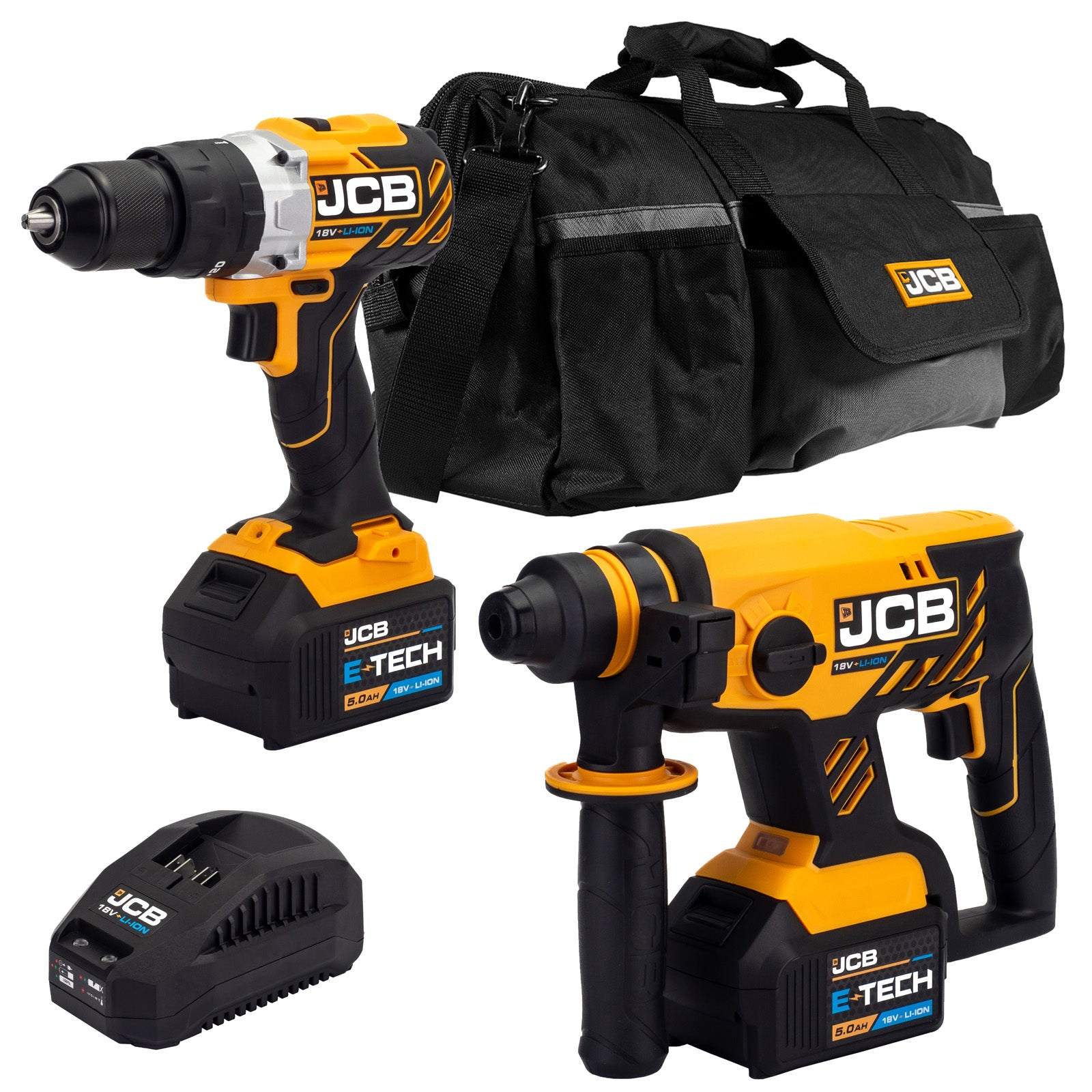 JCB 18V Brushless Combi Drill & Hammer Drill SDS Kit, 2x 5.0ah Li-Ion Batteries, Charger, 20" Kit Bag | 21-18BLTPKSDS-5