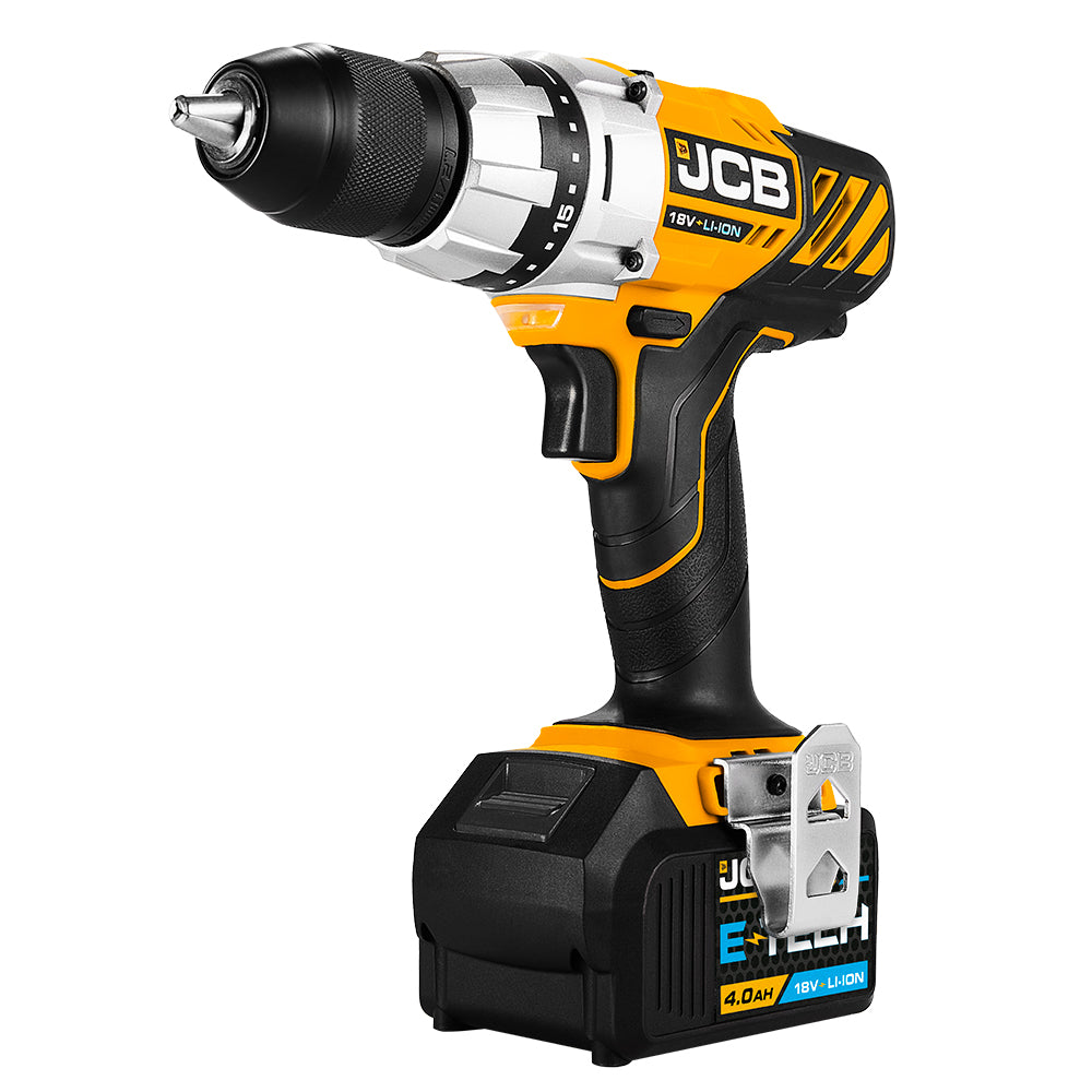 JCB 18V Cordless Drill Driver 4.0Ah Li-Ion Battery, 2.4A Charger, 13mm 1/2" Keyless Chuck | JCB-18DD-4XB