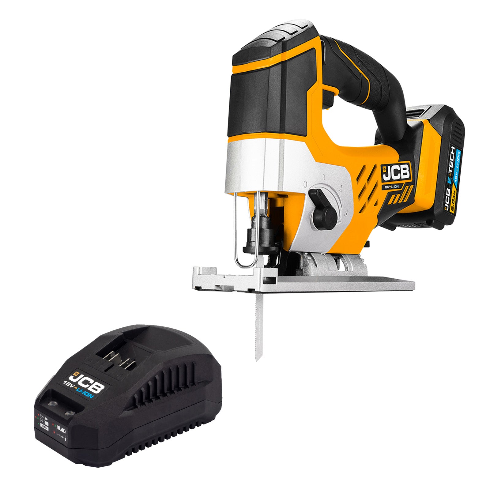 JCB 18V Cordless Jigsaw 2Ah Li-Ion Battery & Charger, 0-45 degrees Cutting Positions | 21-18JS-2XB