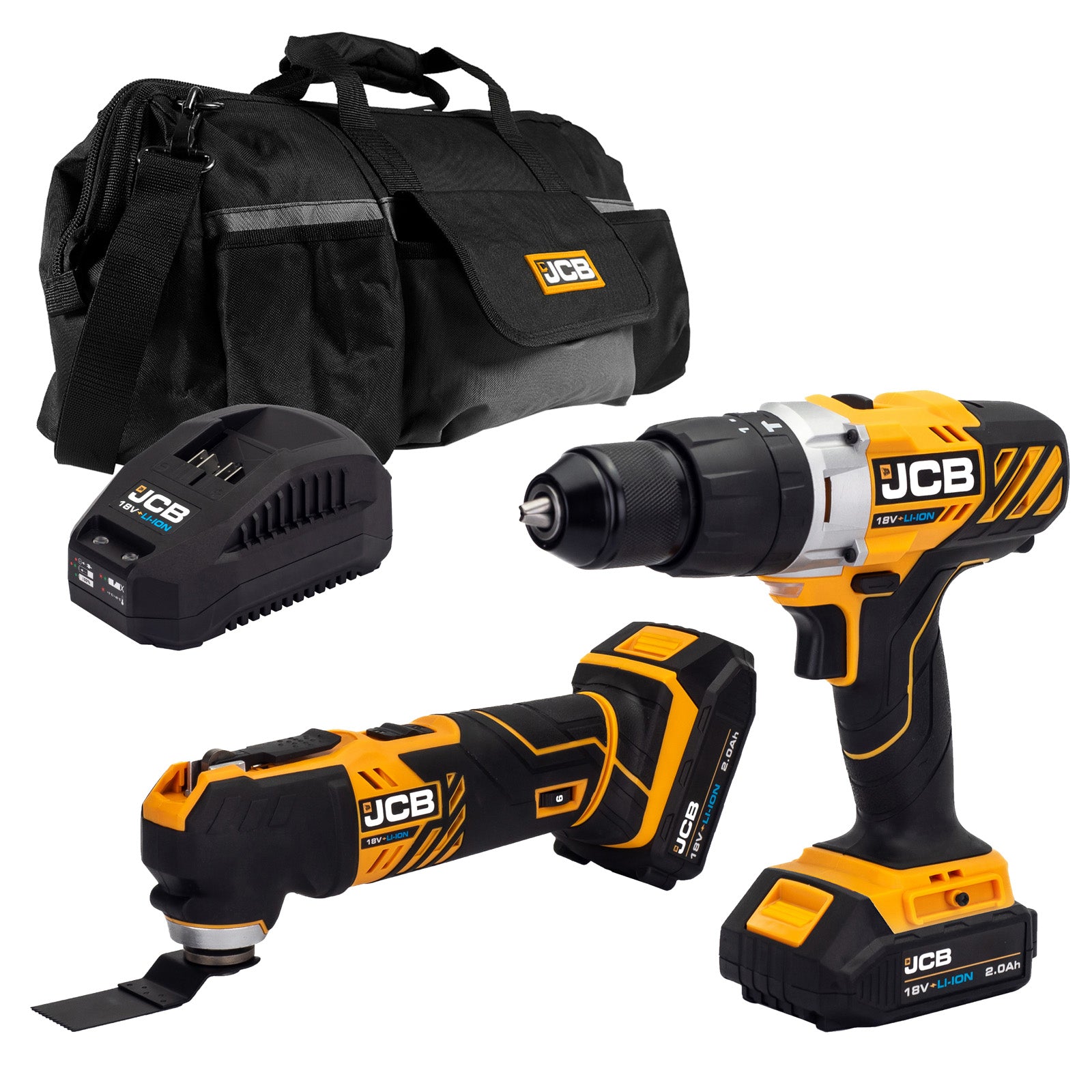 JCB 18V Combi Drill & Multi Tool Kit 2x 2.0ah Li-Ion Batteries, Fast Charger in 20" kit bag | 21-18MTCD-2