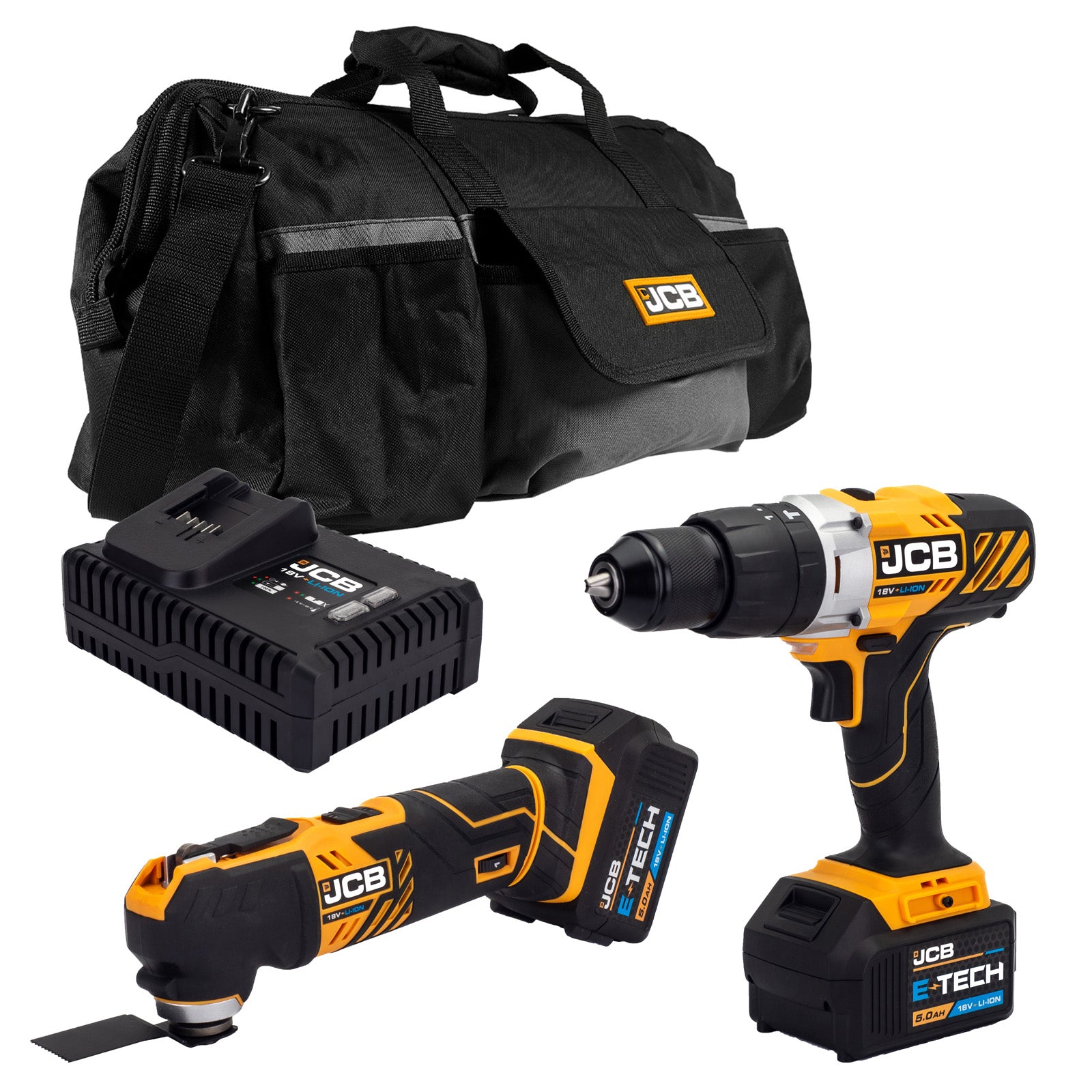 JCB 18V Combi Drill & Multi Tool Kit 2x 5.0ah Li-Ion Batteries, Fast Charger in 20" kit bag | 21-18MTCD-5