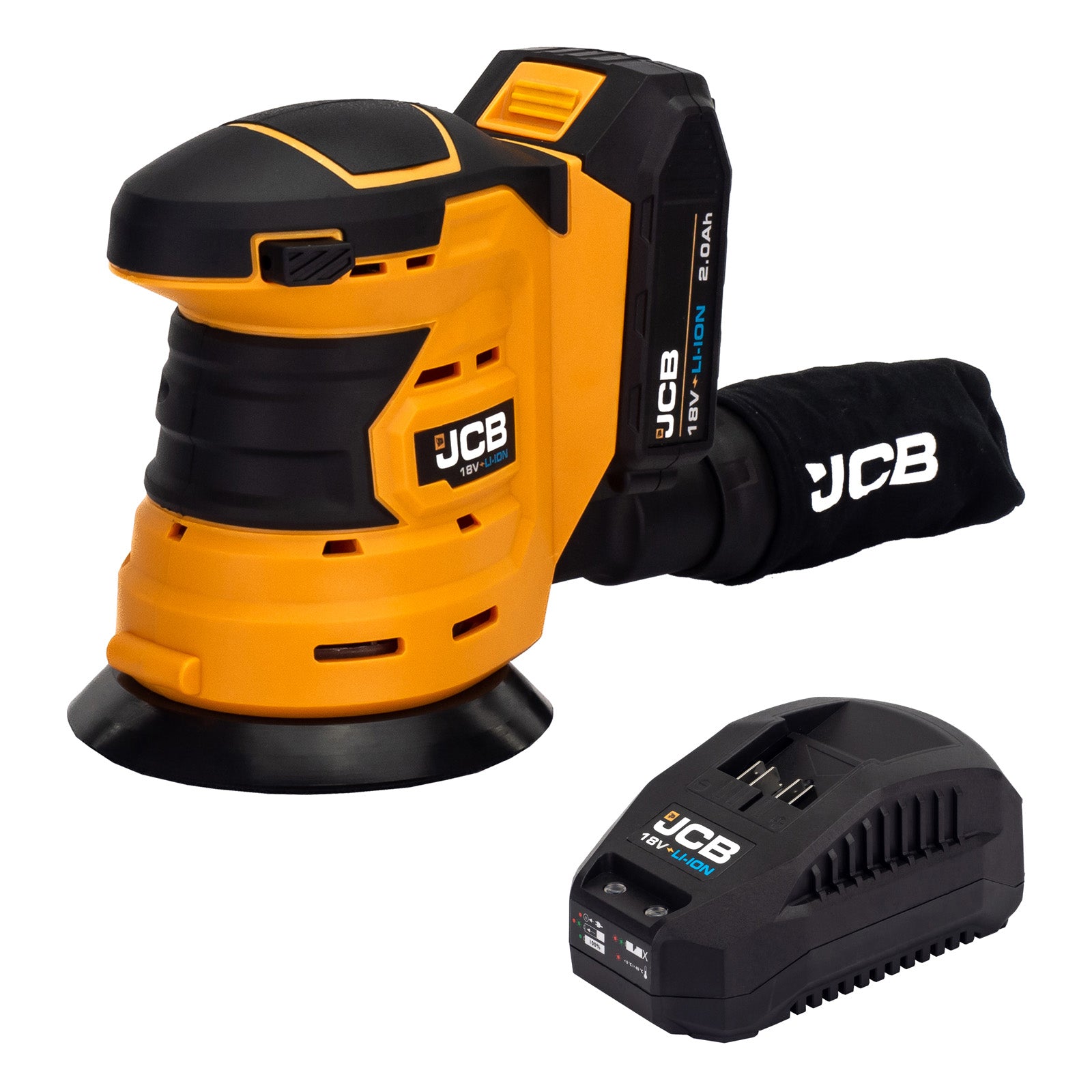 JCB 18V Cordless Orbital Sander 125mm 5'', Li-ion 2.0Ah Battery, Dust Bag, Charger | 21-18OS-2X