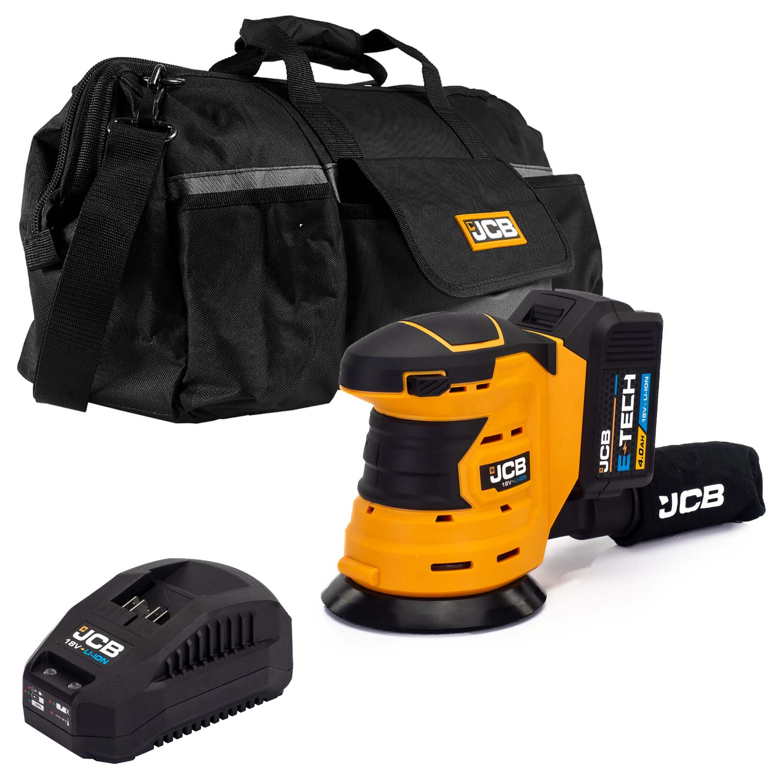 JCB 18V Cordless Orbital Sander, 125mm / 5'', 4.0Ah Li-Ion Battery, Charger, 20" kit bag | 21-18OS-4X-BG