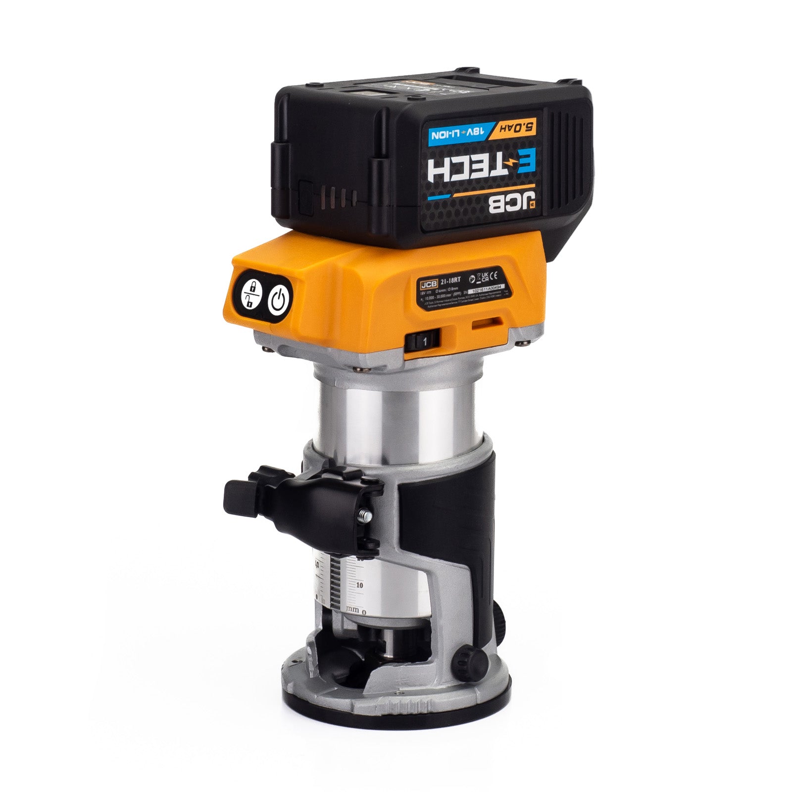 JCB 18V Cordless Router Kit with 3x Bases (Trimmer, Offset, Incline), 5.0ah Li-Ion Battery, Charger in 20" kit bag | 21-18RTKIT-5X-B