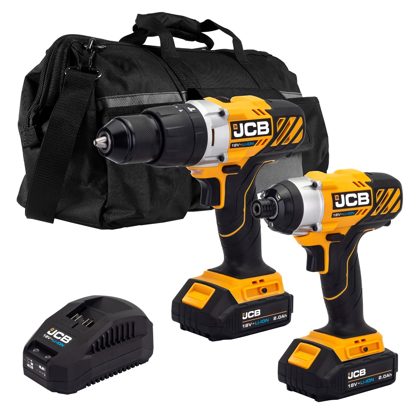 JCB 18V Cordless Combi Drill & Impact Driver Kit, 2x 2.0Ah Li-Ion Batteries, Charger and 20" Kit Bag | 21-18TPK-2-BG