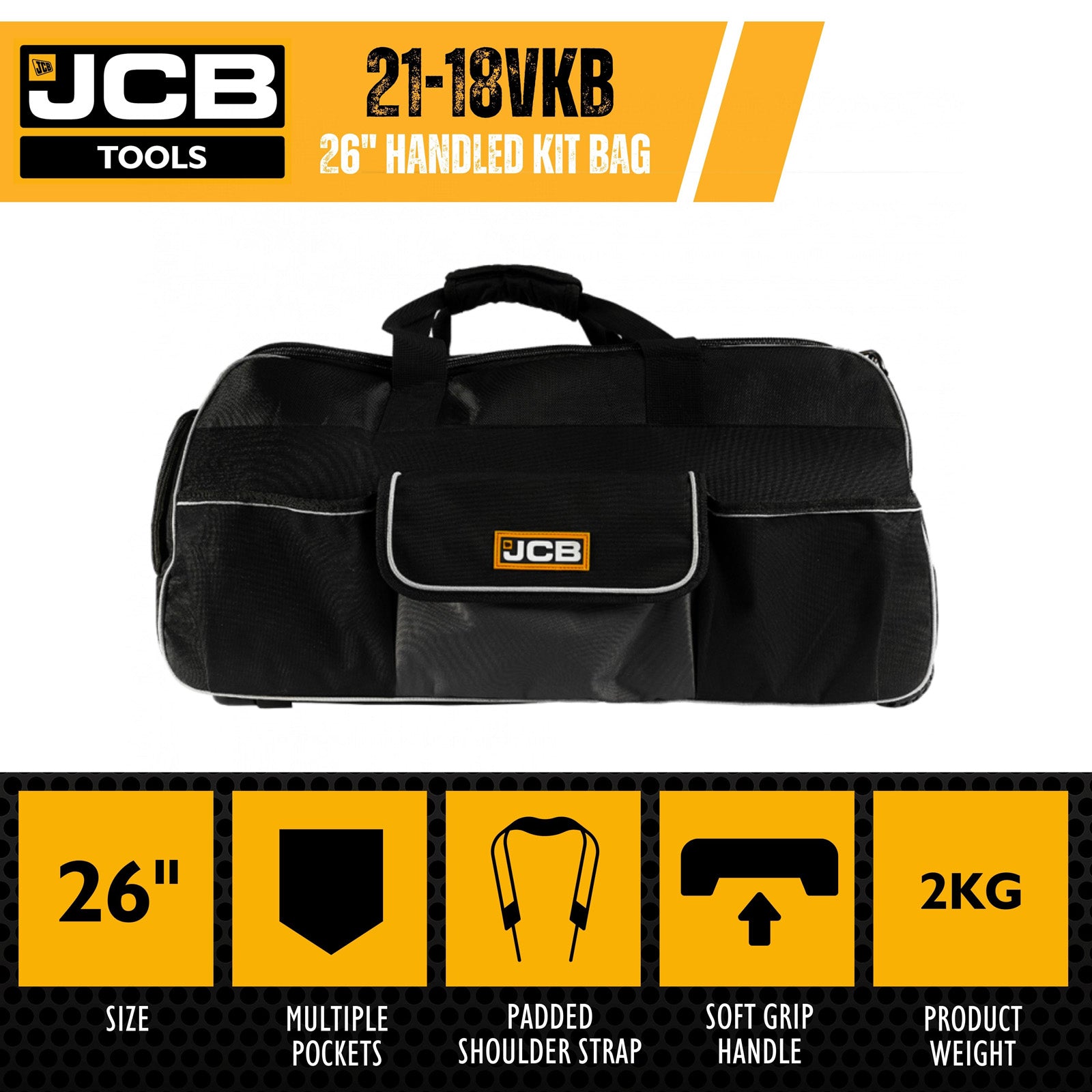 JCB 26" 66cm Retractable Trolley Handled Kit Bag, Water-Resistant & Durable, 90L Capacity | 21-18VKB