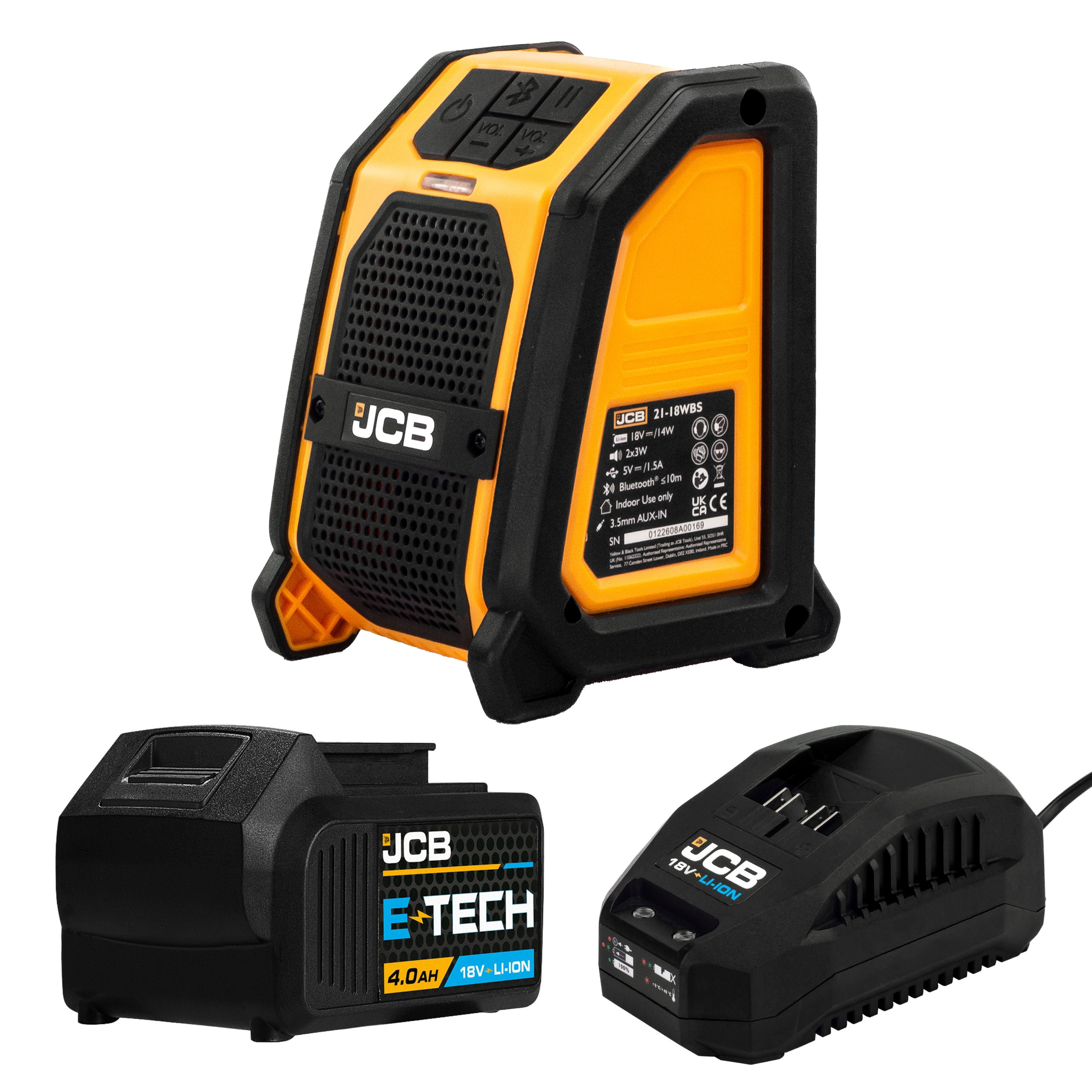 JCB 18V Bluetooth Site Speaker with 4.0Ah Lithium-ion Battery & 2.4A Fast Charger Kit
