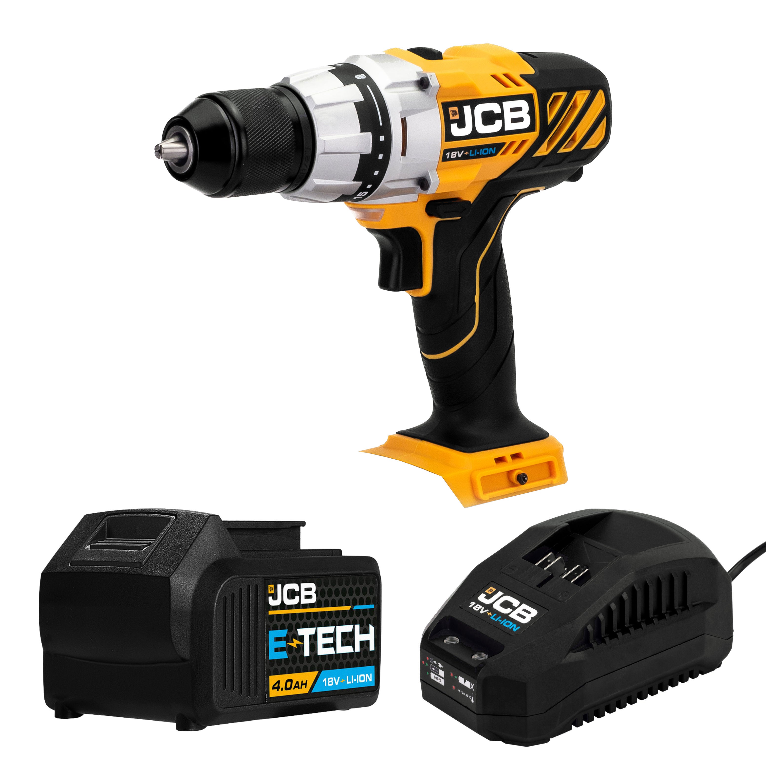 JCB 18V Cordless Drill Driver 4.0Ah Li-Ion Battery, 2.4A Charger, 13mm 1/2" Keyless Chuck | JCB-18DD-4XB