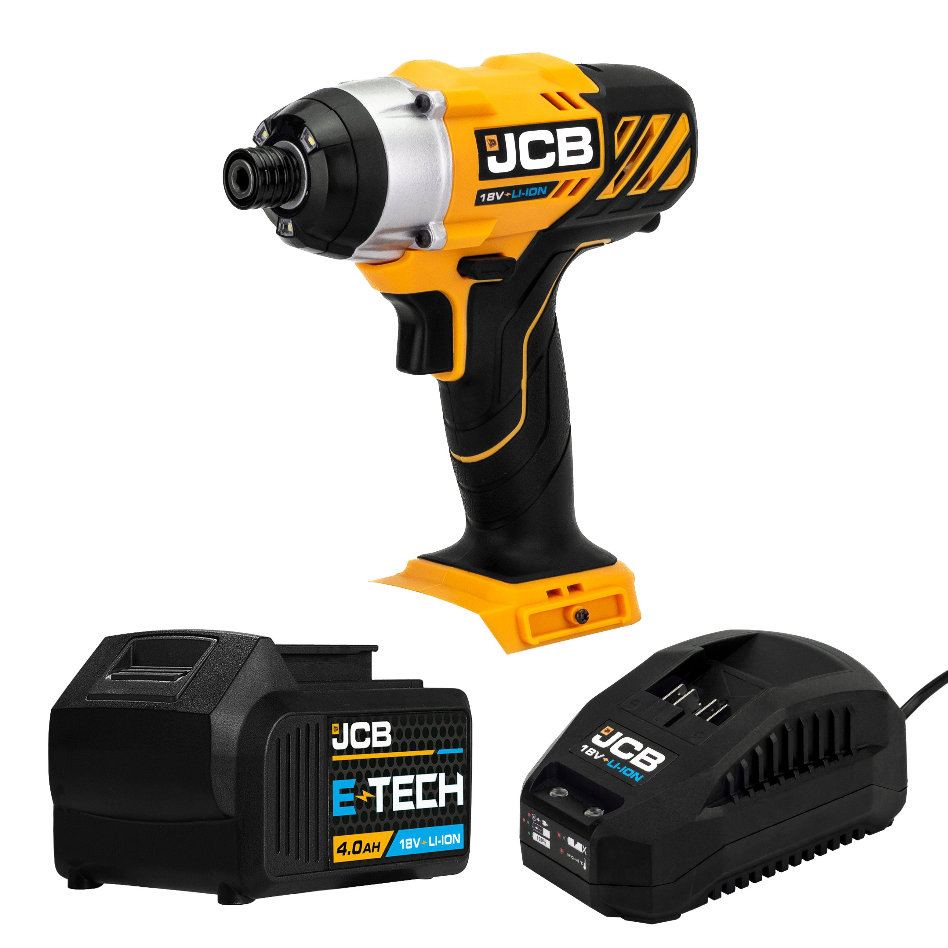 JCB 18V Impact Driver, 150Nm, 4.0Ah Li-ion Battery, 2.4A Charger, 1/4" Hex Chuck | JCB-18ID-4XB