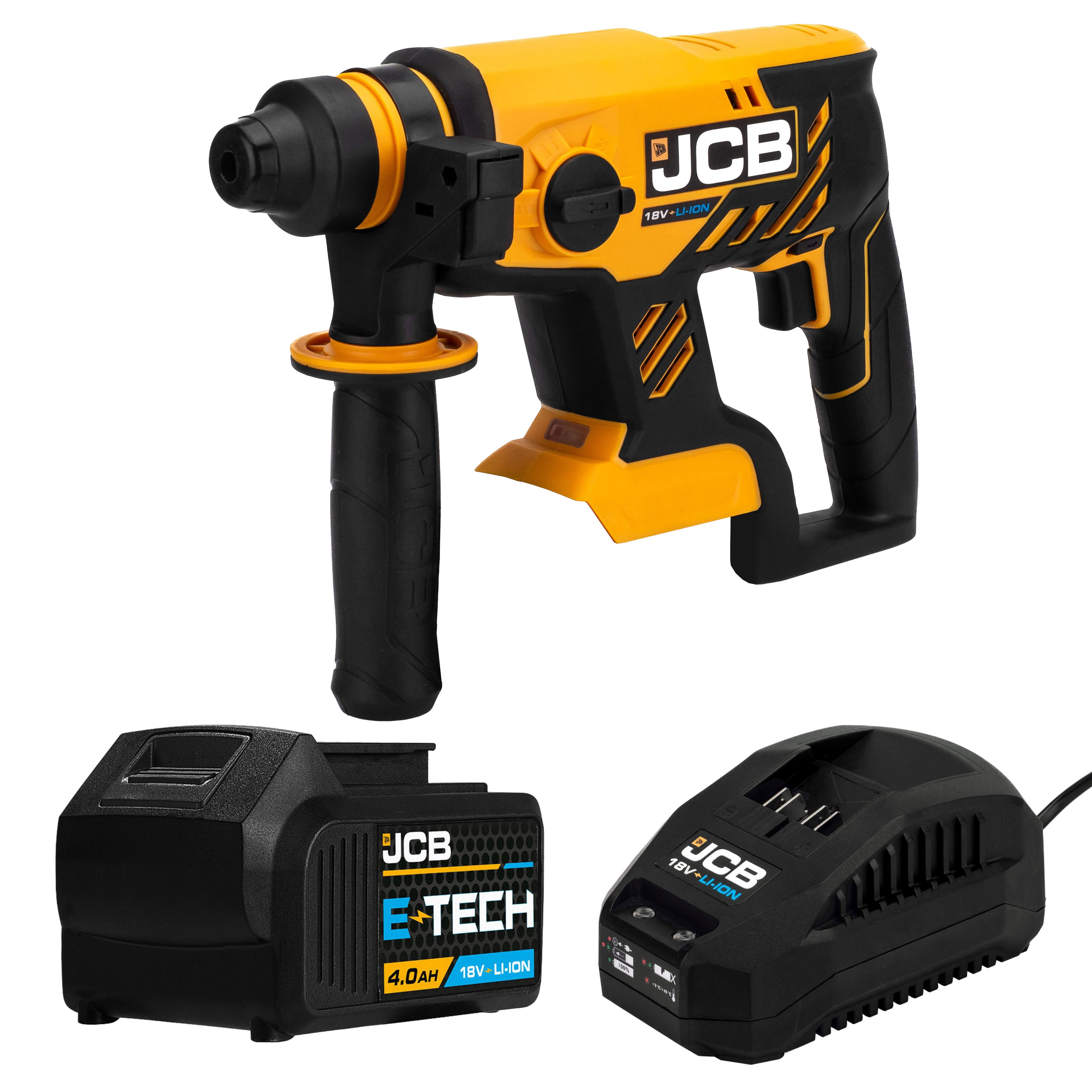 JCB 18V 1.7J SDS Rotary Hammer Drill, 4.0Ah Li-ion Battery & 2.4Ah Charger Kit, 4x SDS Bits, Keyless and SDS Plus Chuck