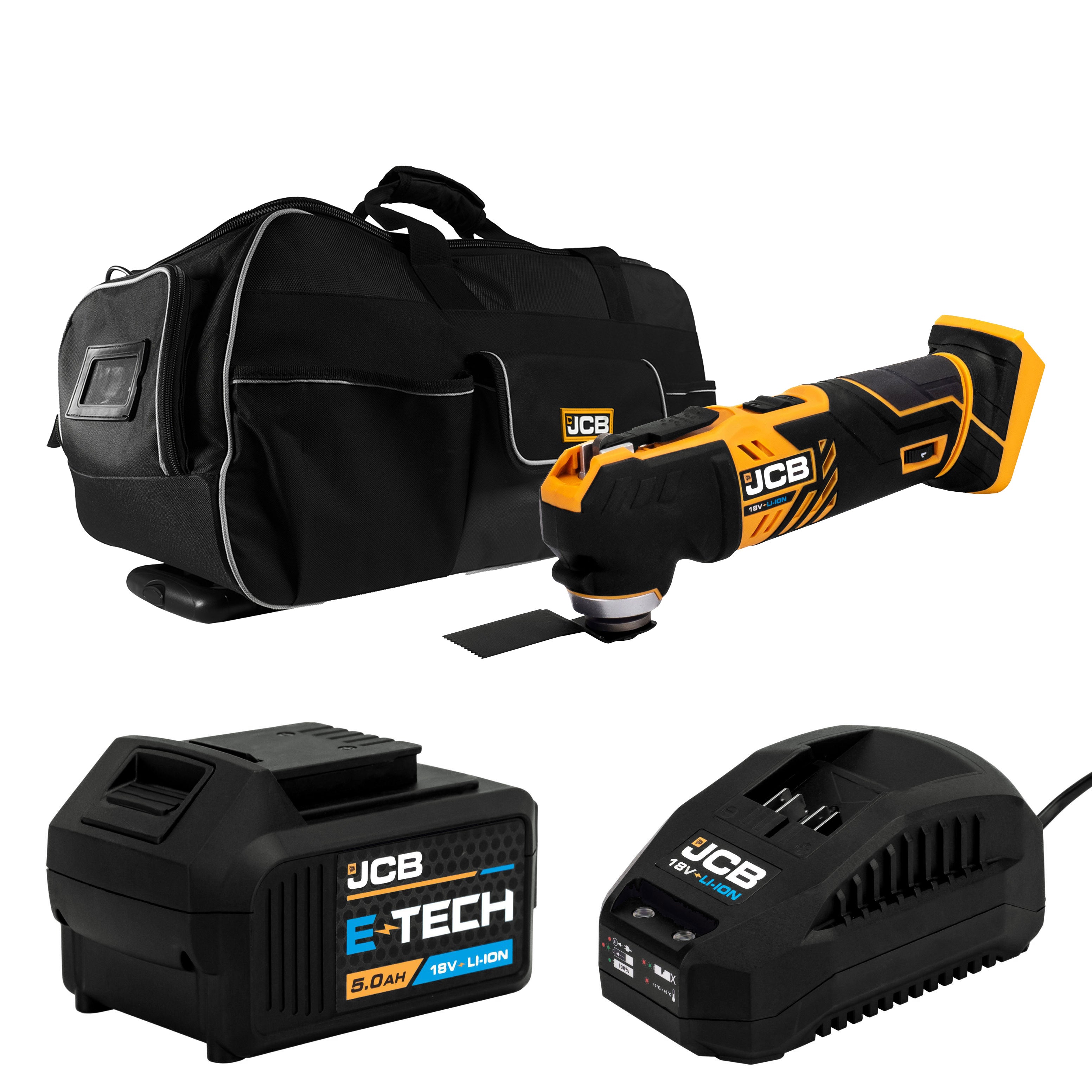 JCB 18V Cordless Multi Tool, 5.0Ah Li-Ion Battery and 2.4A Charger Kit with 66cm Retractable Trolley Handled Kit Bag