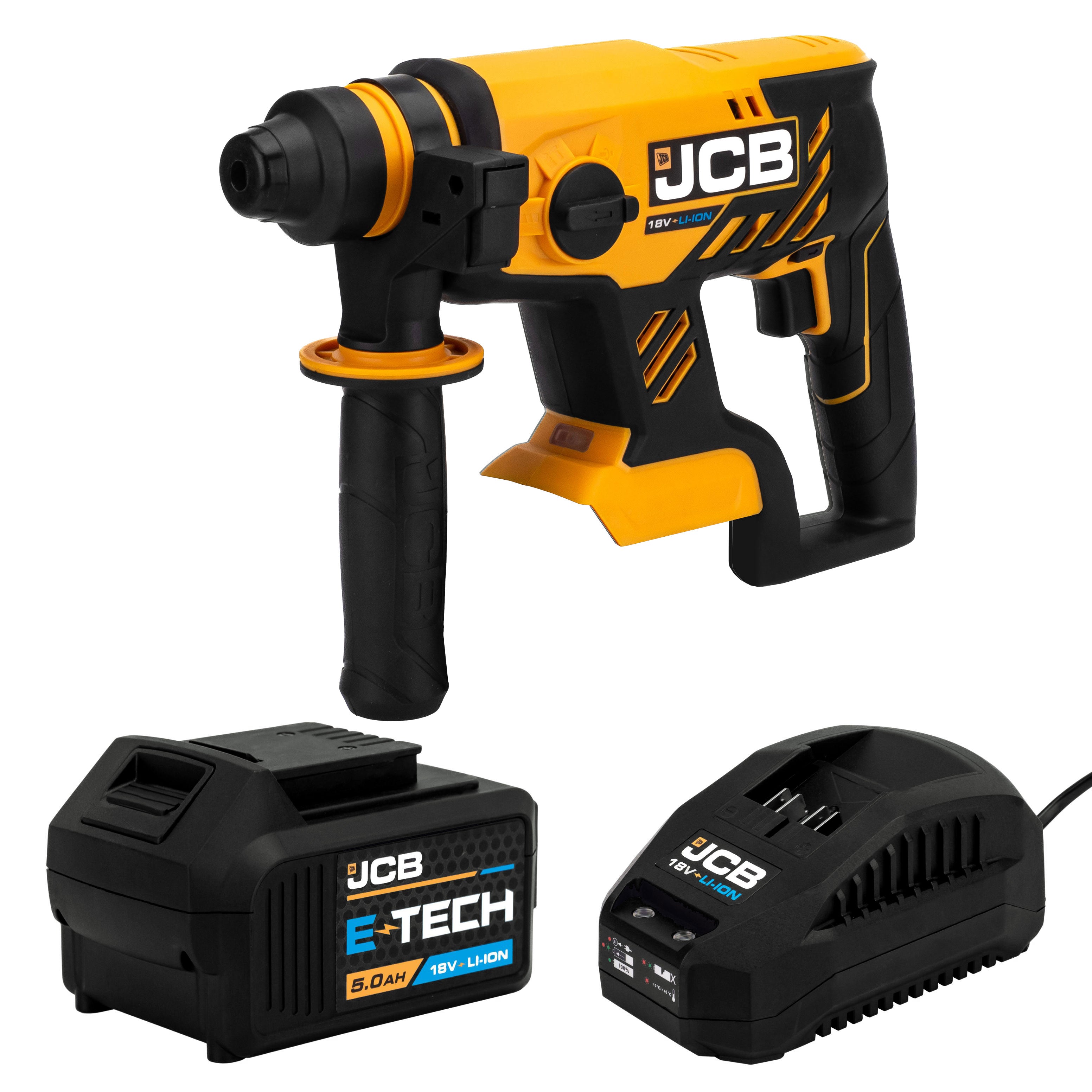 JCB 18V 1.7J SDS Rotary Hammer Drill, 5.0Ah Li-ion Battery, 2.4Ah Charger, 4x SDS Bits, Keyless and SDS Plus Chuck