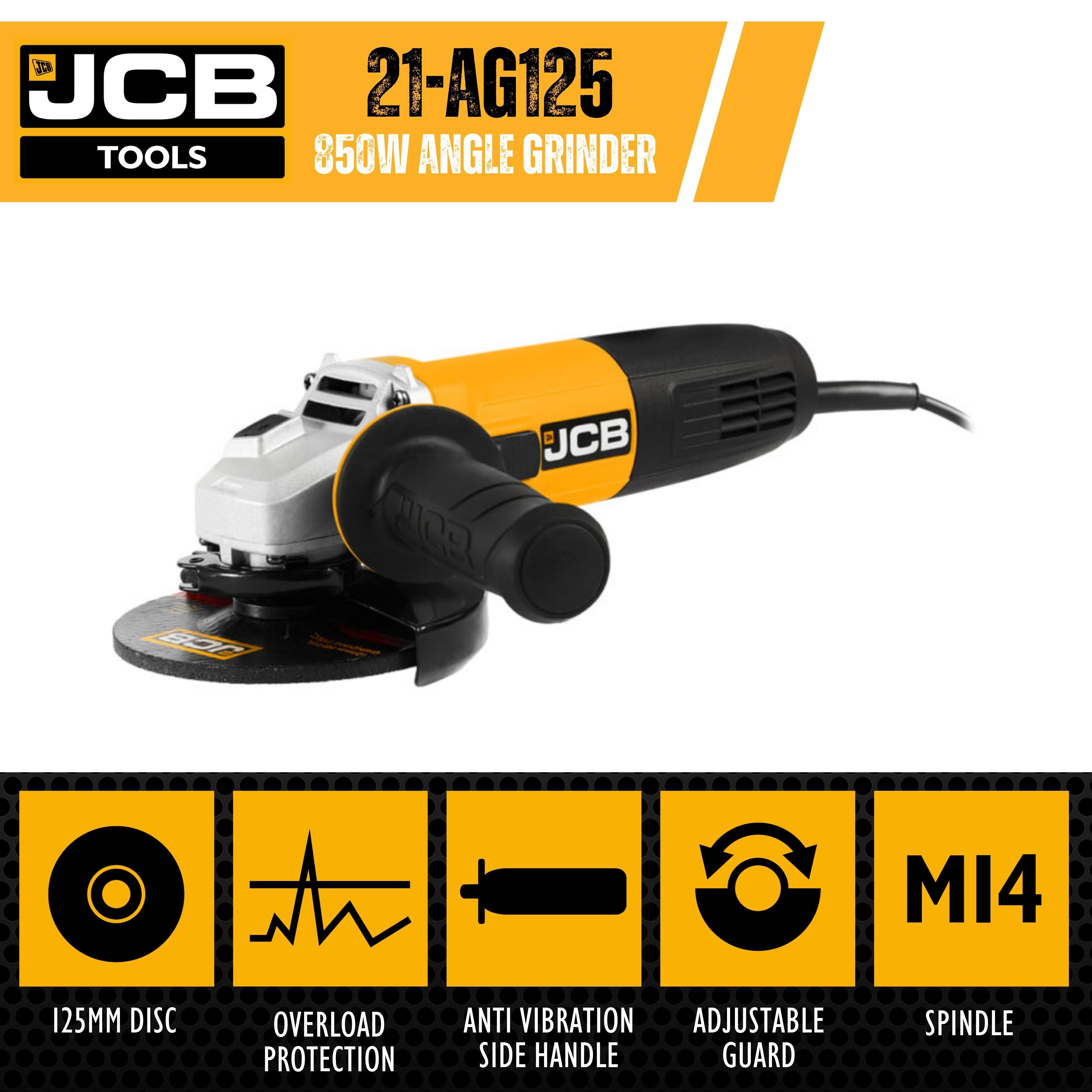 JCB 125mm 5" Electric Angle Grinder, 850W, 240V, M14 Thread | 21-AG125