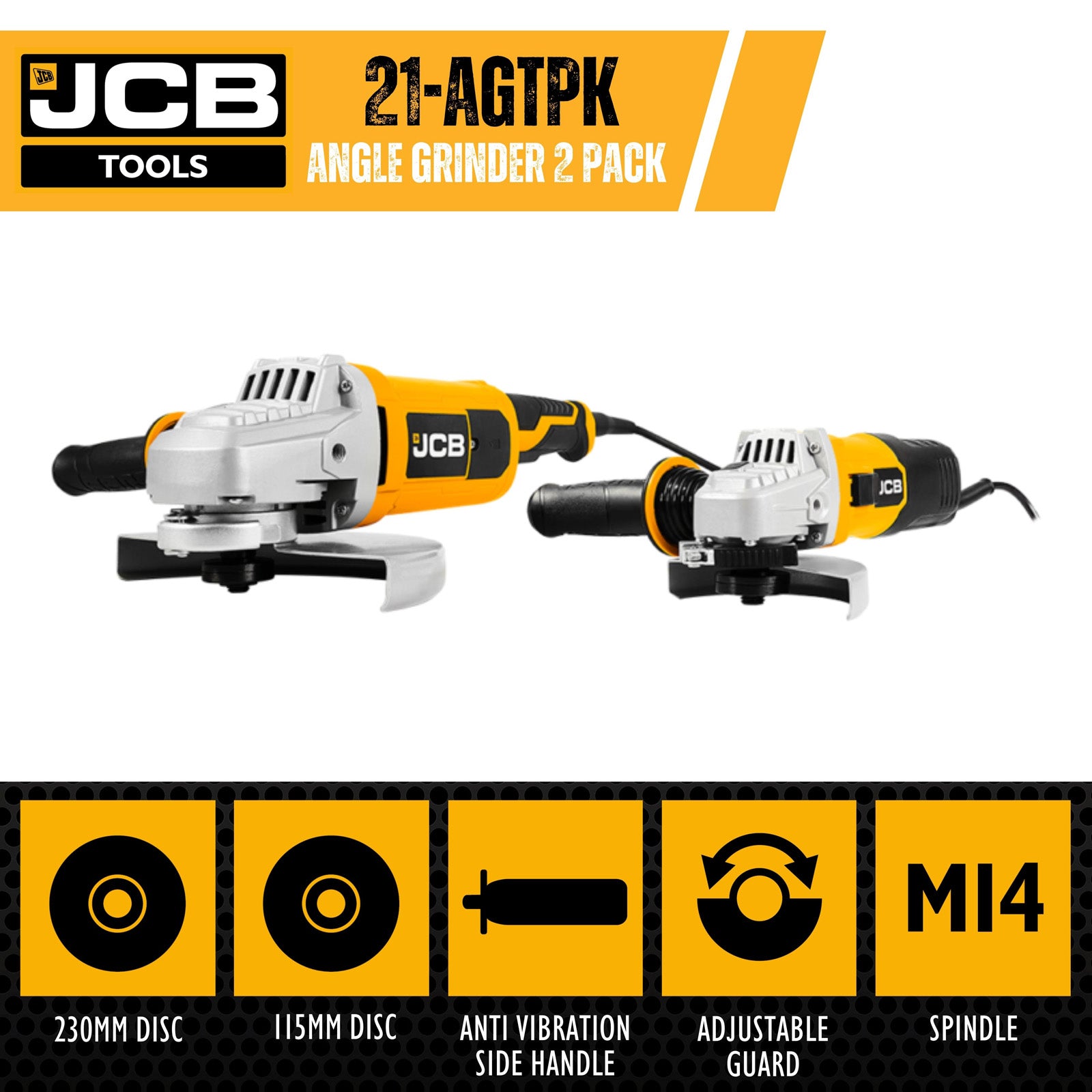 JCB Electric Angle Grinder Twin Pack 600 & 2000W, 115 & 230mm, M14, Corded, 220-240V | 21-AGTPK
