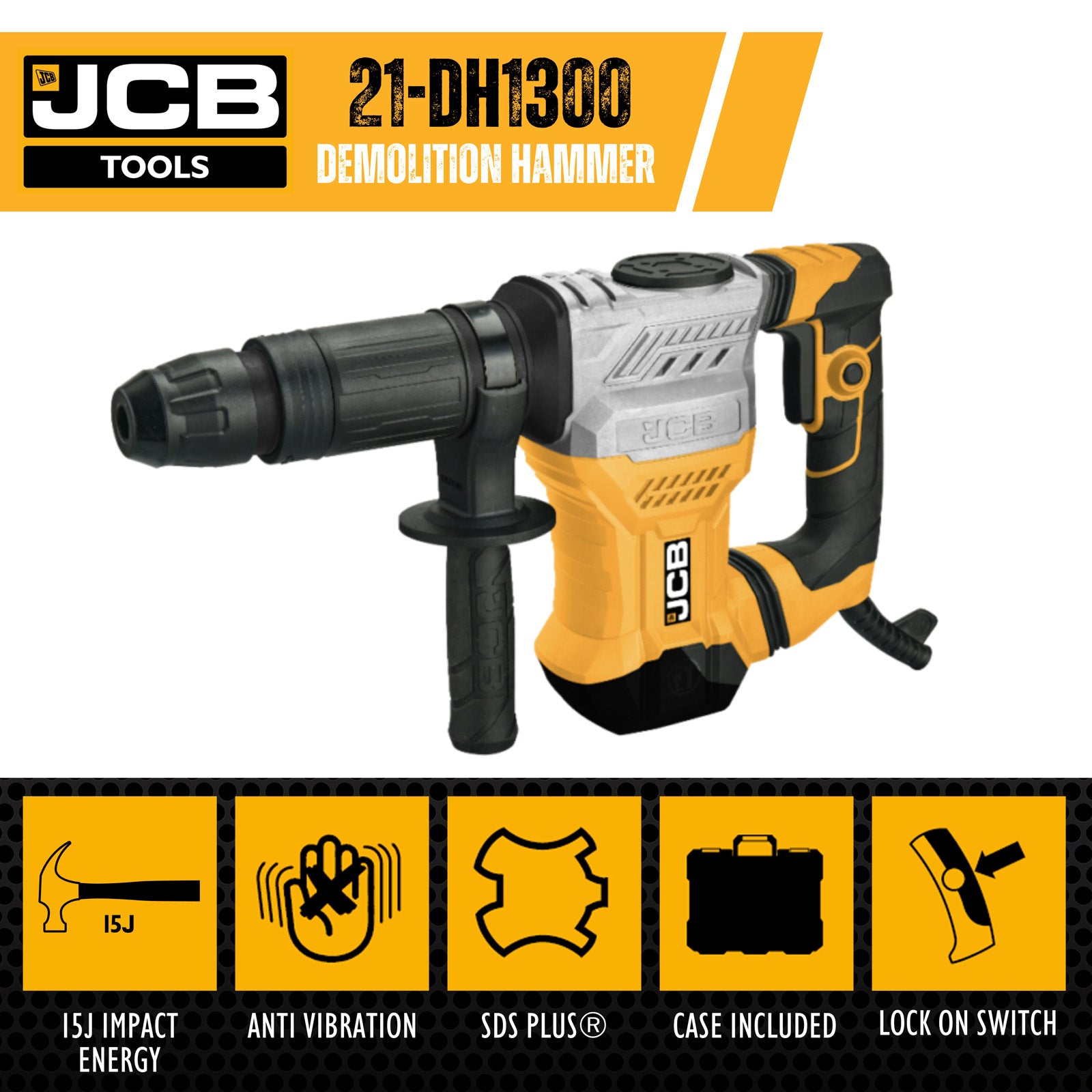 JCB 1300W 15J SDS Max Demolition Hammer and Chisel, Anti-Vibration Handle & 3m Power Cable | 21-DH1300