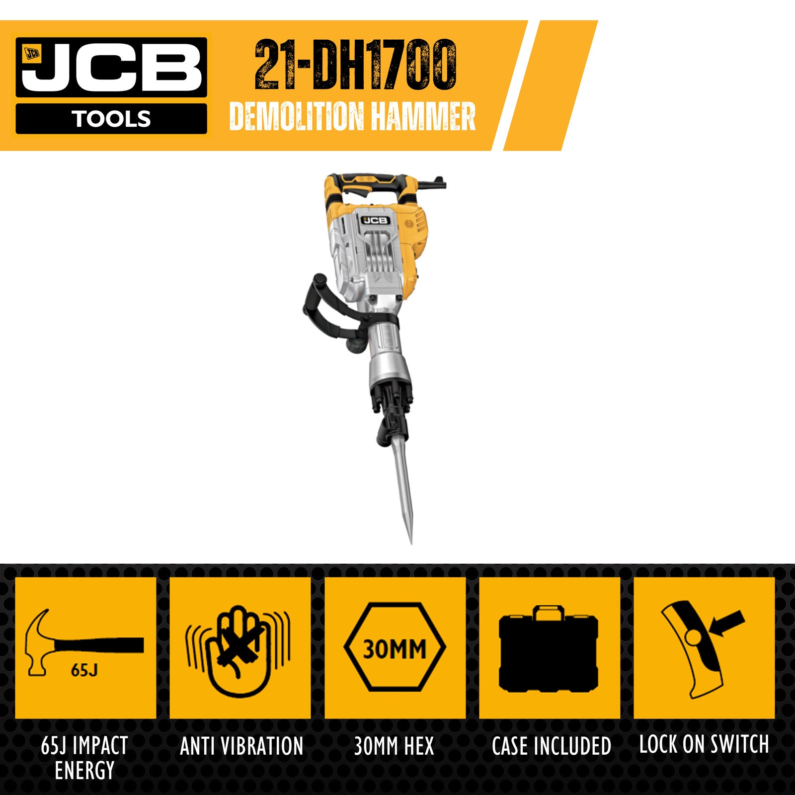 JCB 1700W 65J 30mm HEX Demolition Hammer Breaker / Chisel, 230V | 21-DH1700