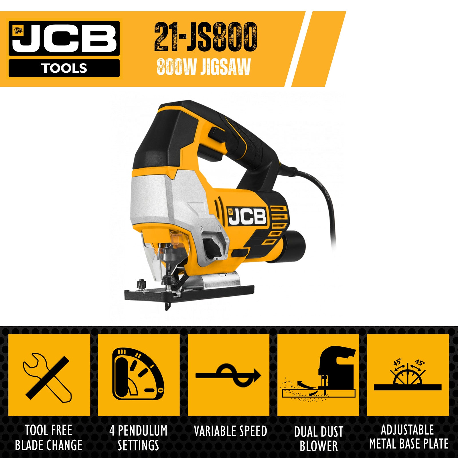 JCB 800W Electric Corded Jigsaw, 0-45 Degree Cutting Positions, 230V | 21-JS800