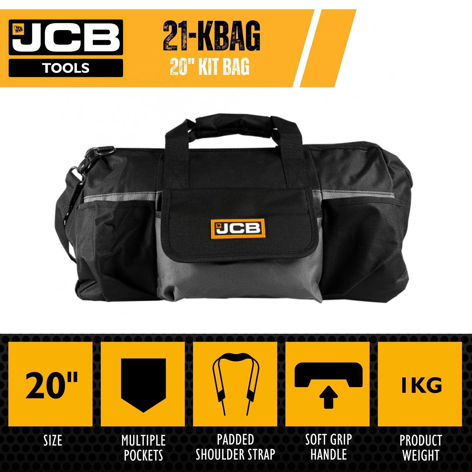 JCB Tools 20" 50cm Tool Kit Bag, Straps & Durable Design, Organise & Transport Tools | 21-KBAG
