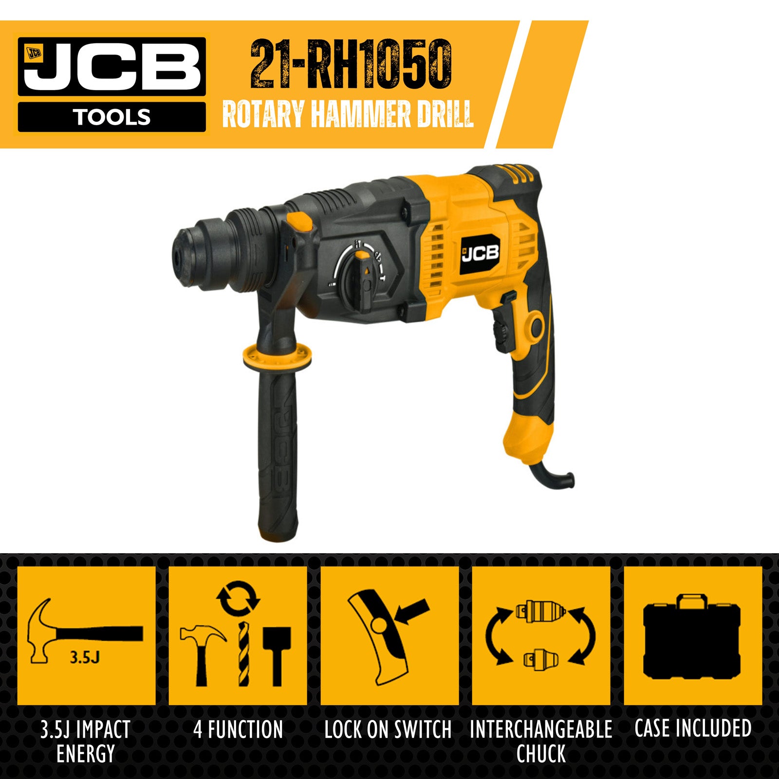 JCB 1050W 3.5J Corded SDS Rotary Hammer Drill, Variable Speed, 4 Mode, 3m Cable | 21-RH1050