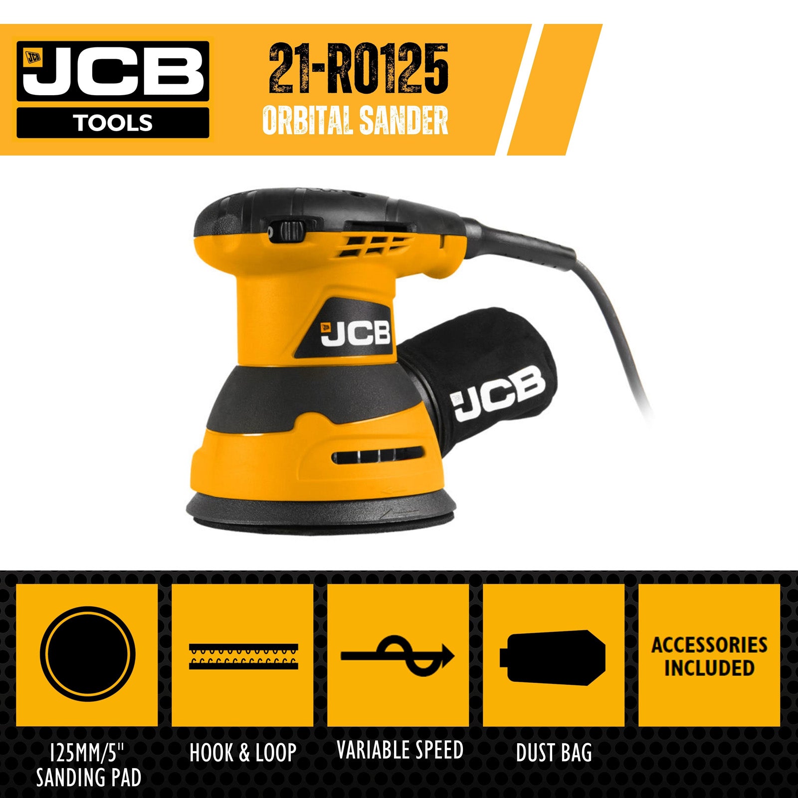 JCB 320W Electric Random Orbital Sander 125mm 5'', 3 x Sanding Sheets, 3m Cable | 21-RO125