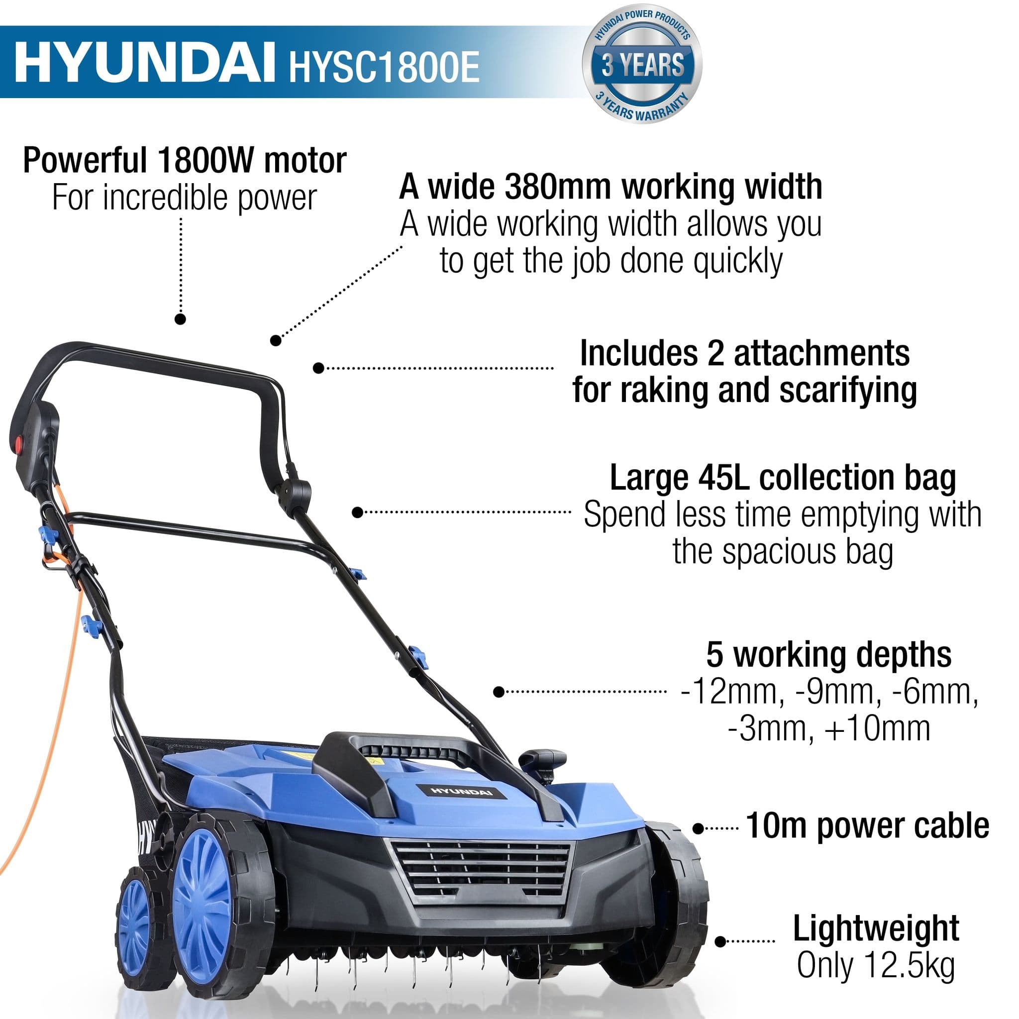 Hyundai 1800W Electric Lawn Scarifier / Aerator / Lawn Rake, 230V | HYSC1800E