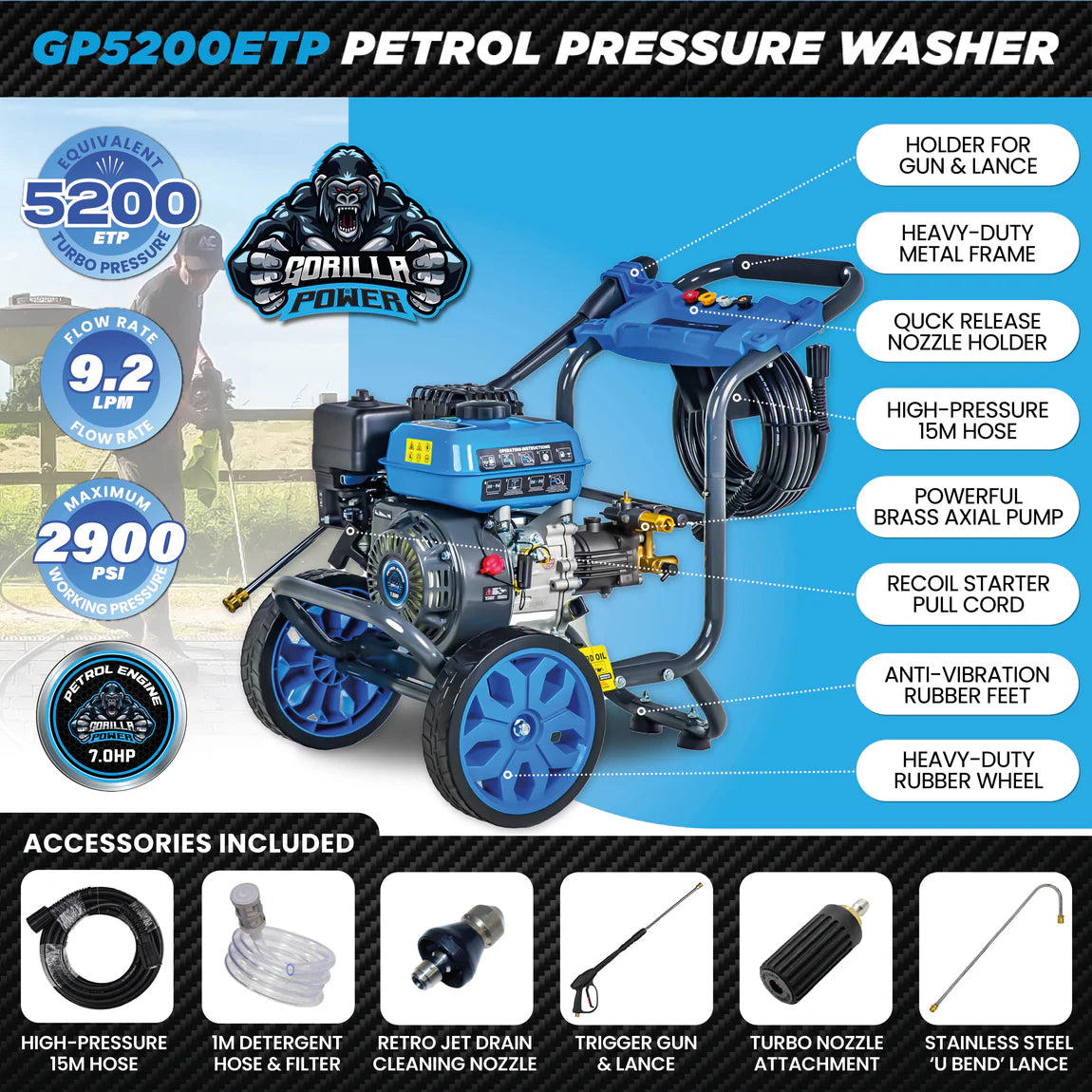 Gorilla Power 2900 PSI / 200 Bar Petrol Pressure Washer 9.2 LPM | GP5200ETP