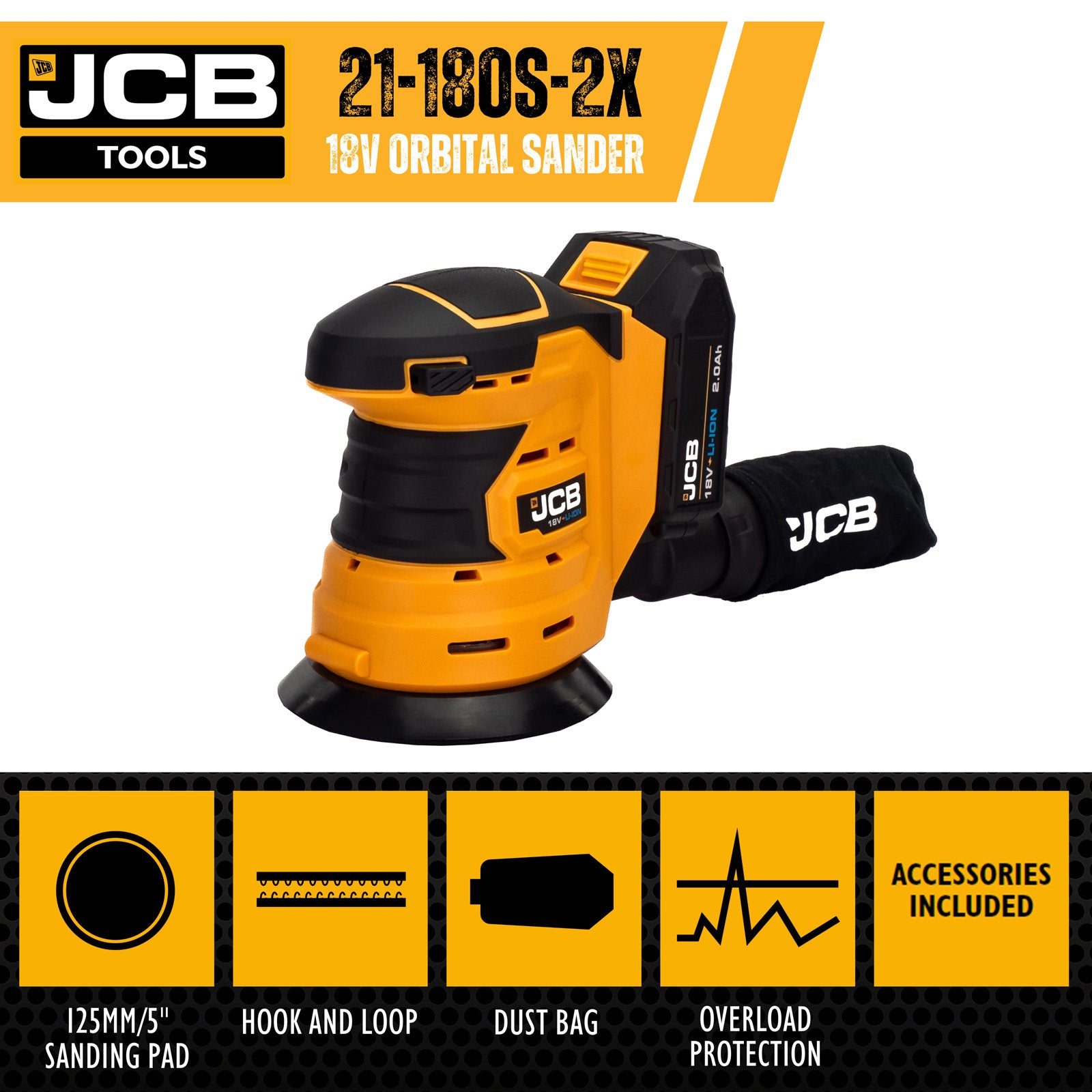 JCB 18V Cordless Orbital Sander 125mm 5'', Li-ion 2.0Ah Battery, Dust Bag, Charger | 21-18OS-2X