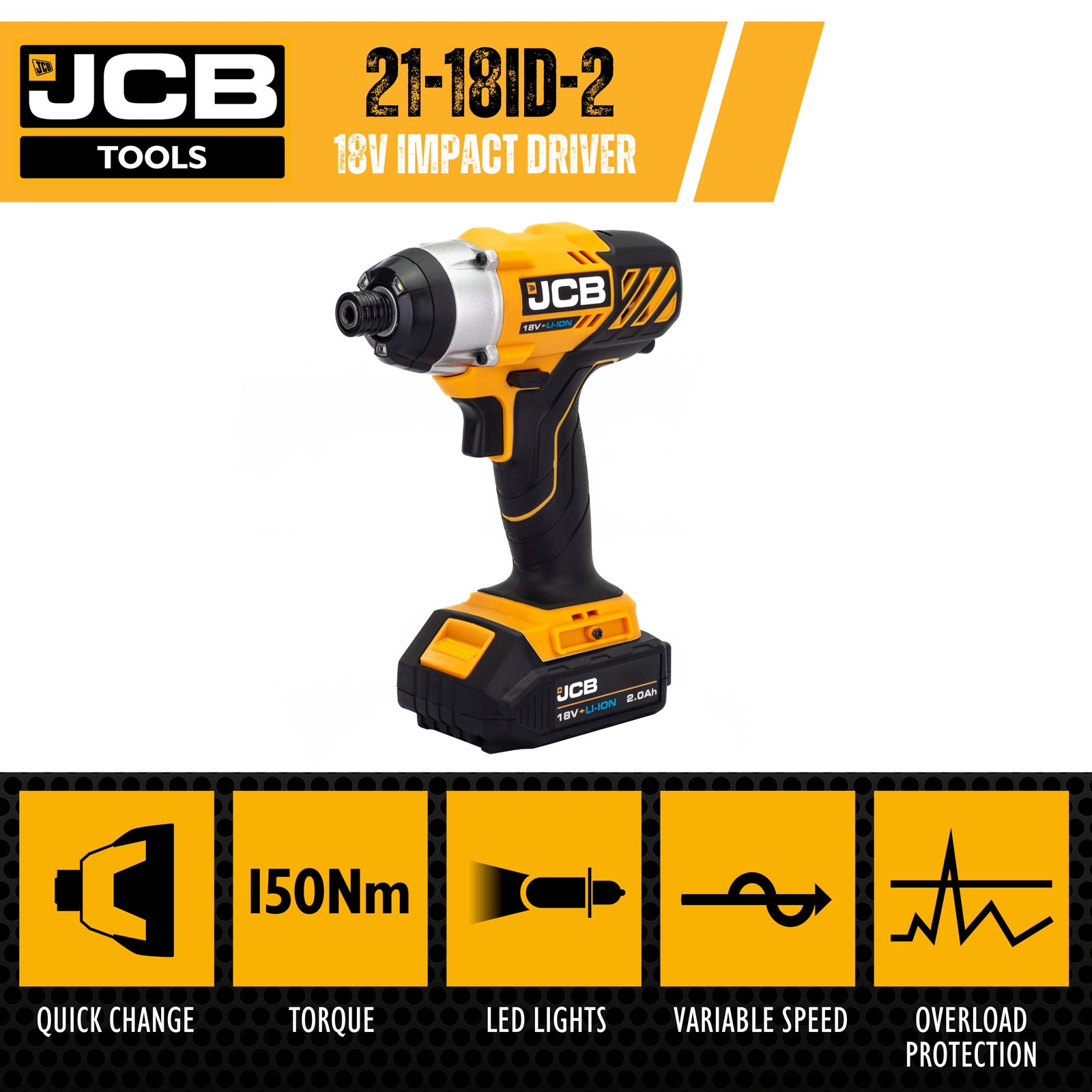 JCB 18V Impact Driver, 150Nm, 2.0Ah Li-Iion Battery and 2.4A Charger, 1/4" Hex Chuck | 21-18ID-2XB