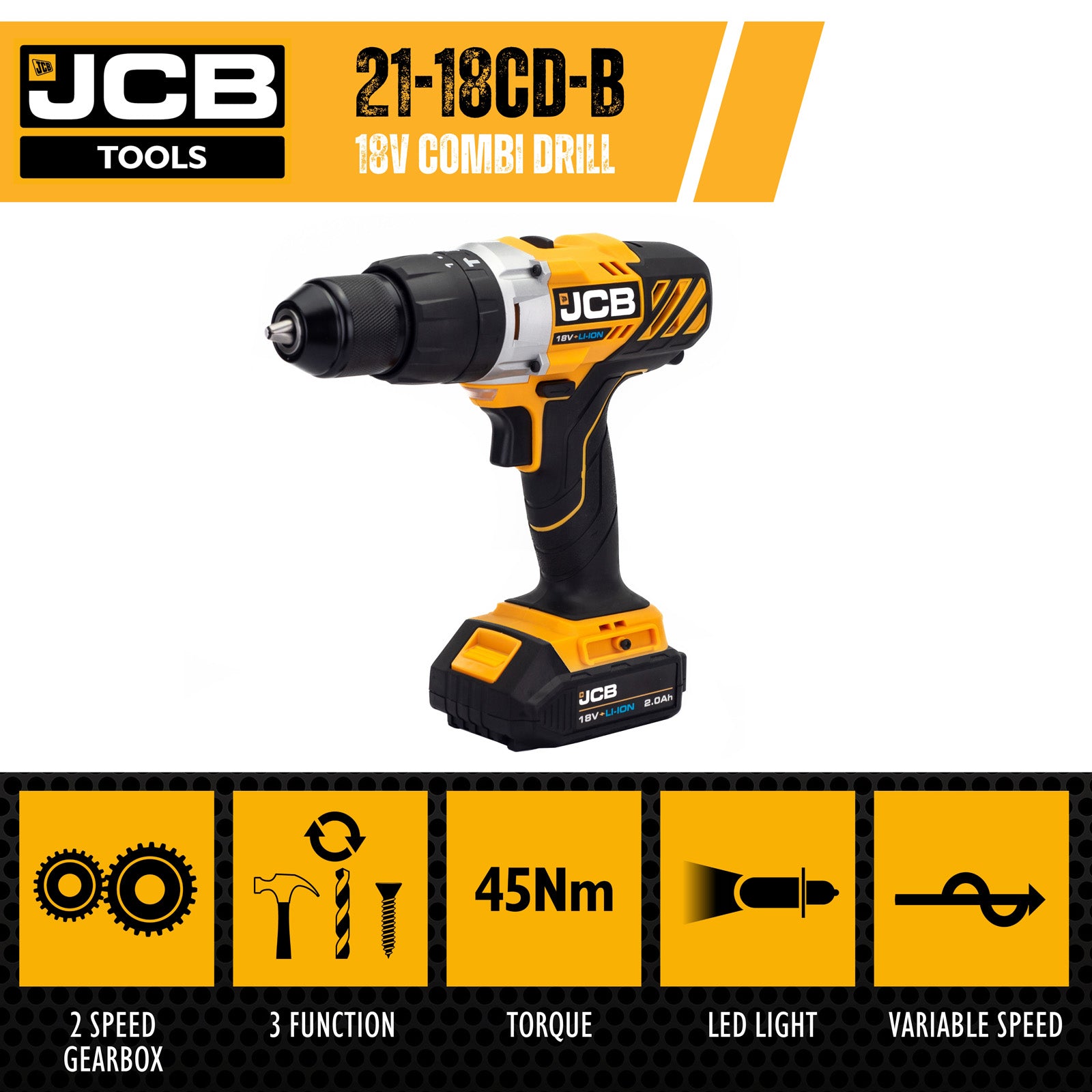 JCB 18V 45Nm, Variable Speed Combi Drill with 2.0Ah Li-ion Battery and 2.4A Charger | JCB-18CD-2XB