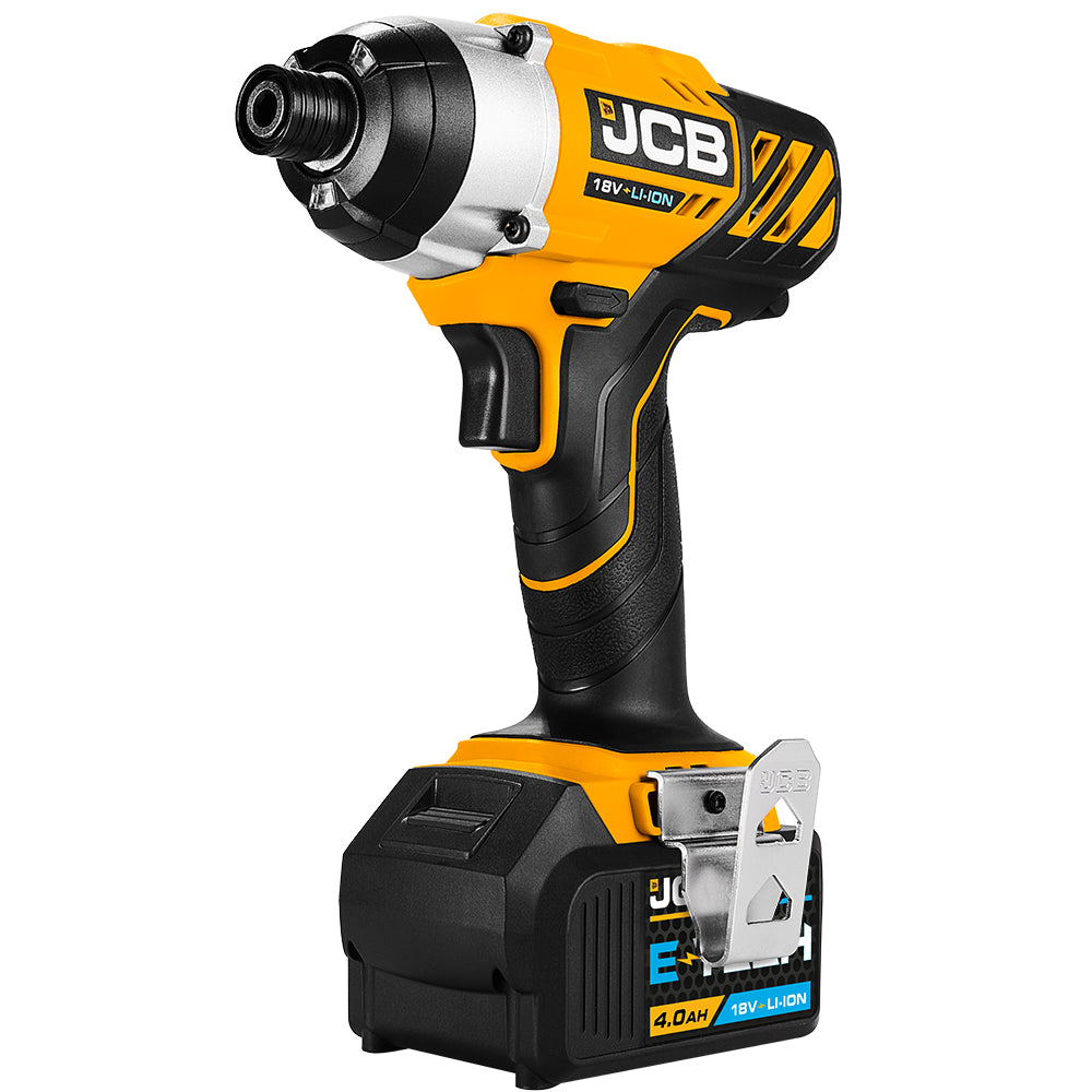 JCB 18V Impact Driver, 150Nm, 4.0Ah Li-ion Battery, 2.4A Charger, 1/4" Hex Chuck | JCB-18ID-4XB