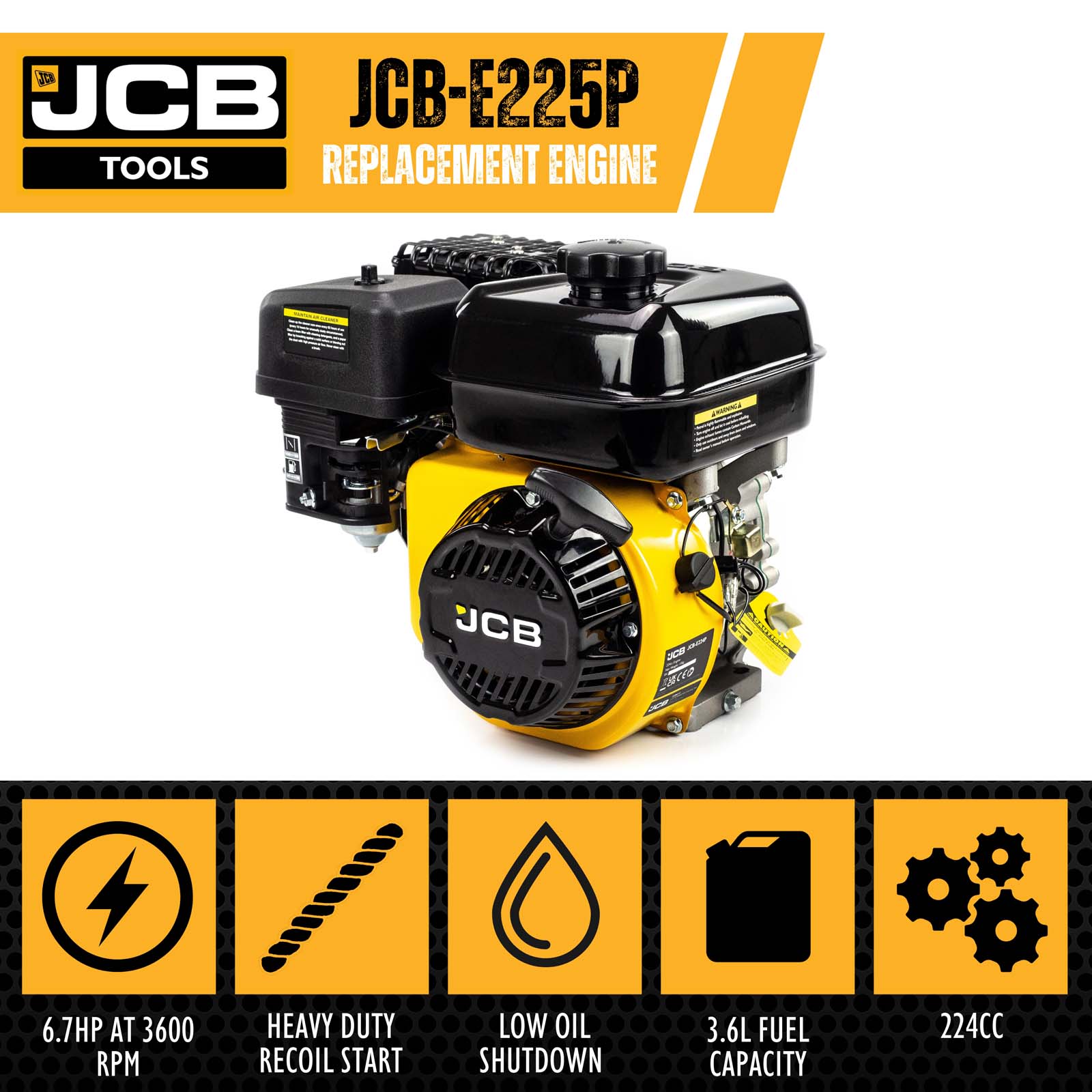 JCB 7.5hp 19.05mm, ¾” Petrol Engine, 224cc, 4 Stroke, OHV, Horizontal Straight Shaft | JCB-E225P