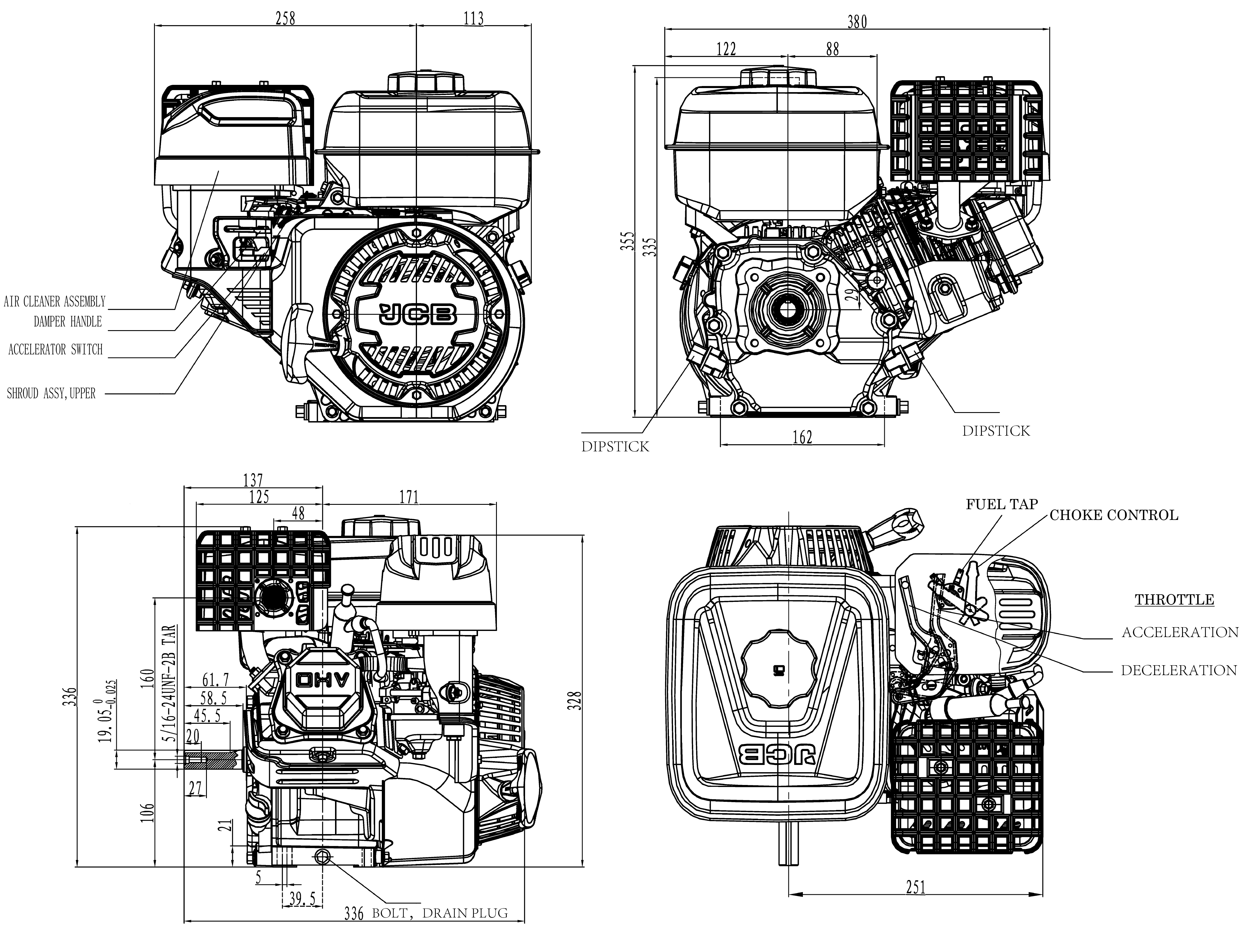 JCB 7.5hp 19.05mm, ¾” Petrol Engine, 224cc, 4 Stroke, OHV, Horizontal Straight Shaft | JCB-E225P