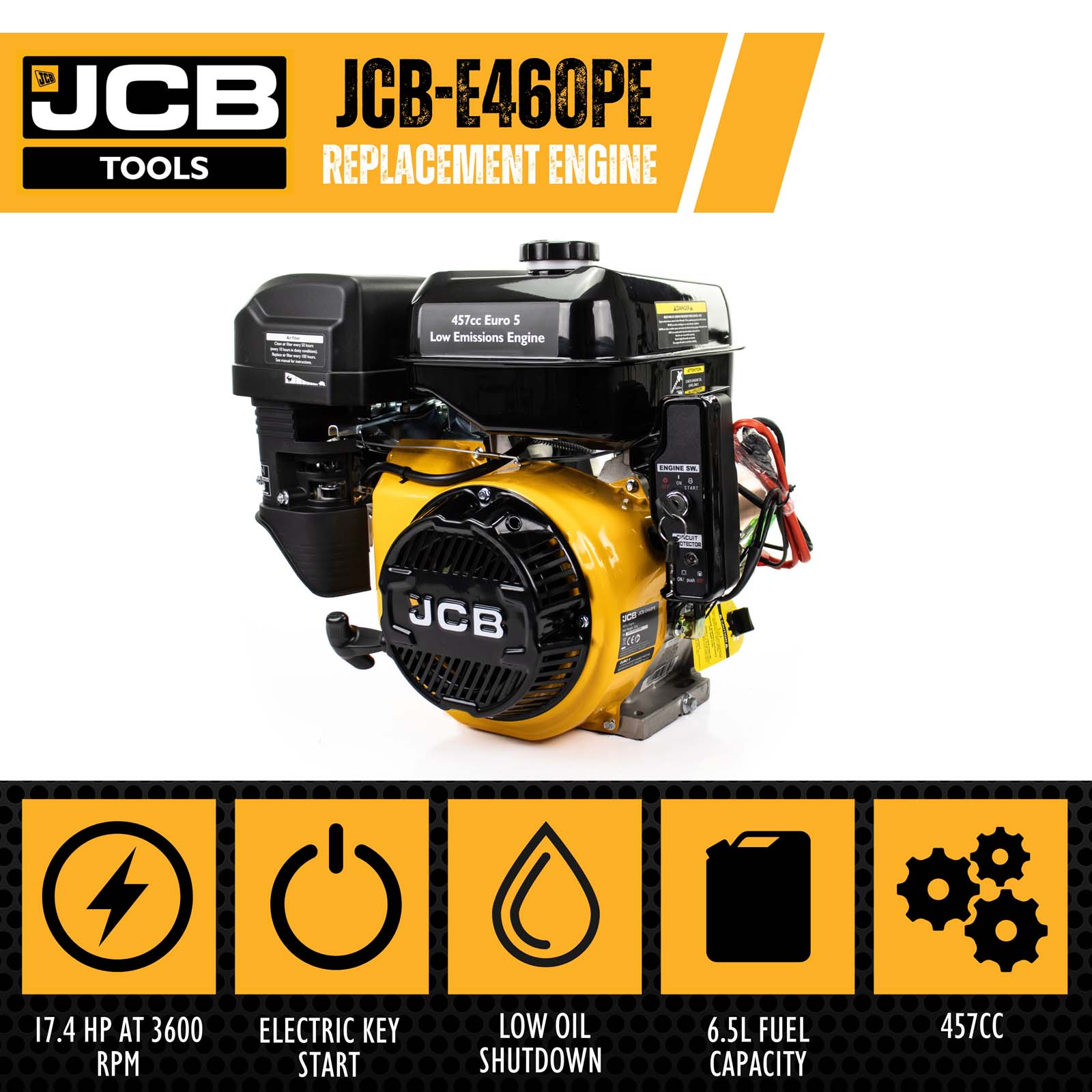 JCB 15hp 25.4mm 1” Petrol Engine, 457cc, 4 Stroke, OHV, Electric Start Horizontal Straight Shaft | JCB-E460PE