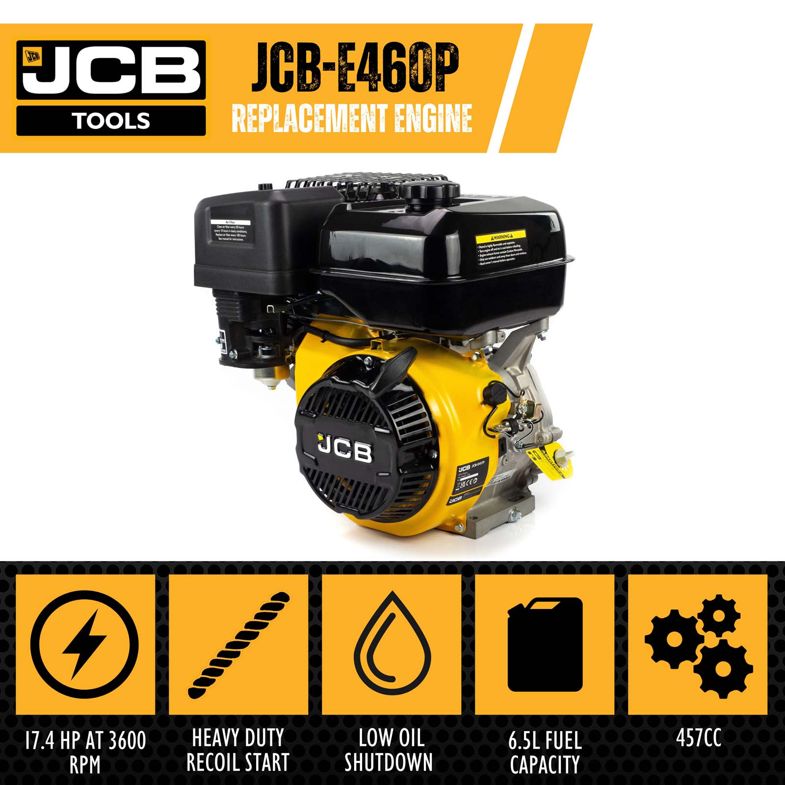 JCB 15hp 25.4mm 1” Petrol Engine, 457cc, 4 Stroke, OHV, Horizontal Straight Shaft | JCB-E460P