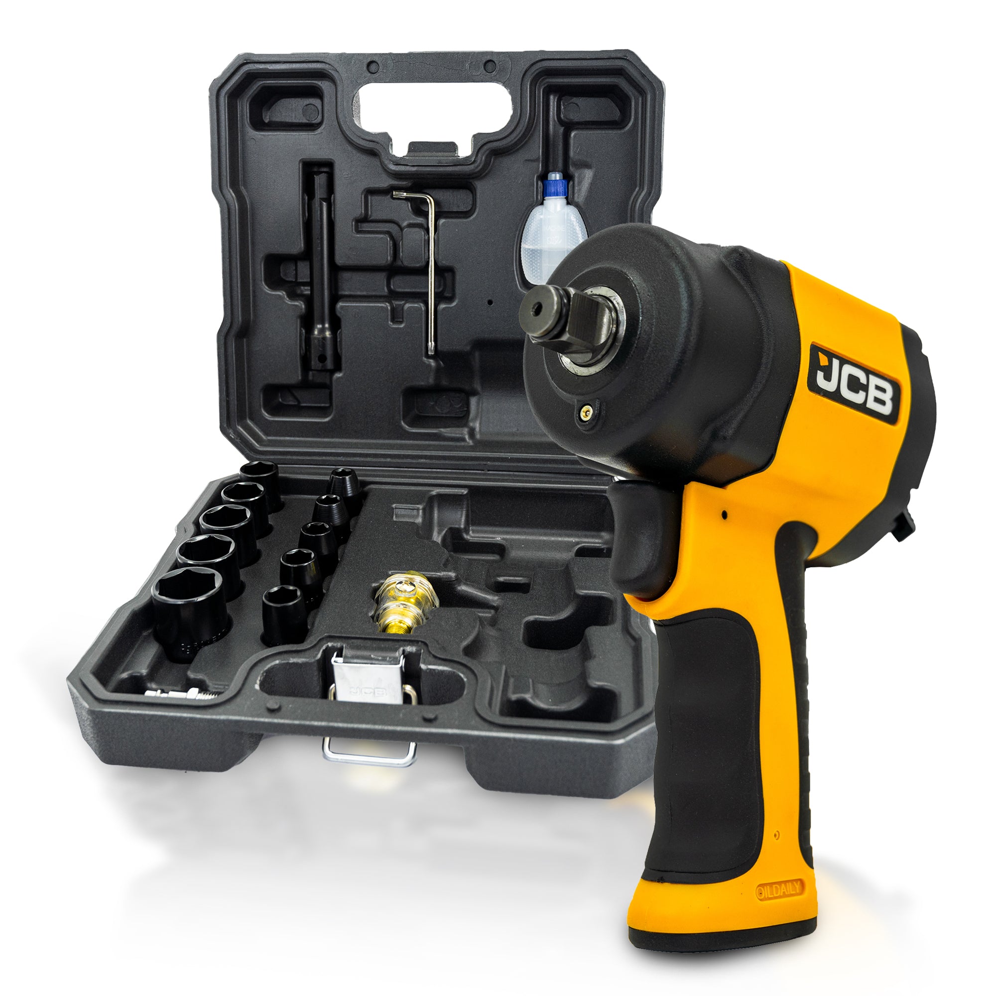 JCB 1⁄2'' Square Drive Air Impact Wrench with Socket Set, 610 / 1200Nm Torque | JCB-RP9515-KIT