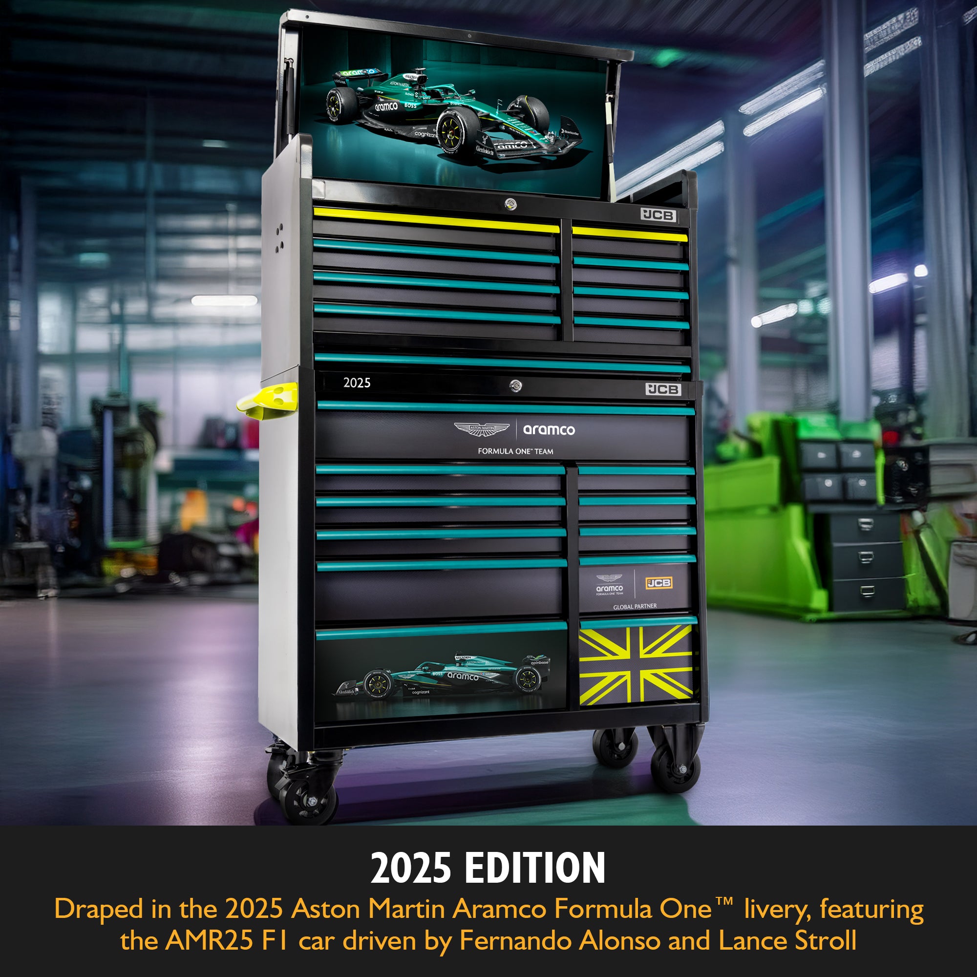 2025 Aston Martin Aramco Formula One® Team x JCB Roller Cabinet and Top Tool Chest Stack