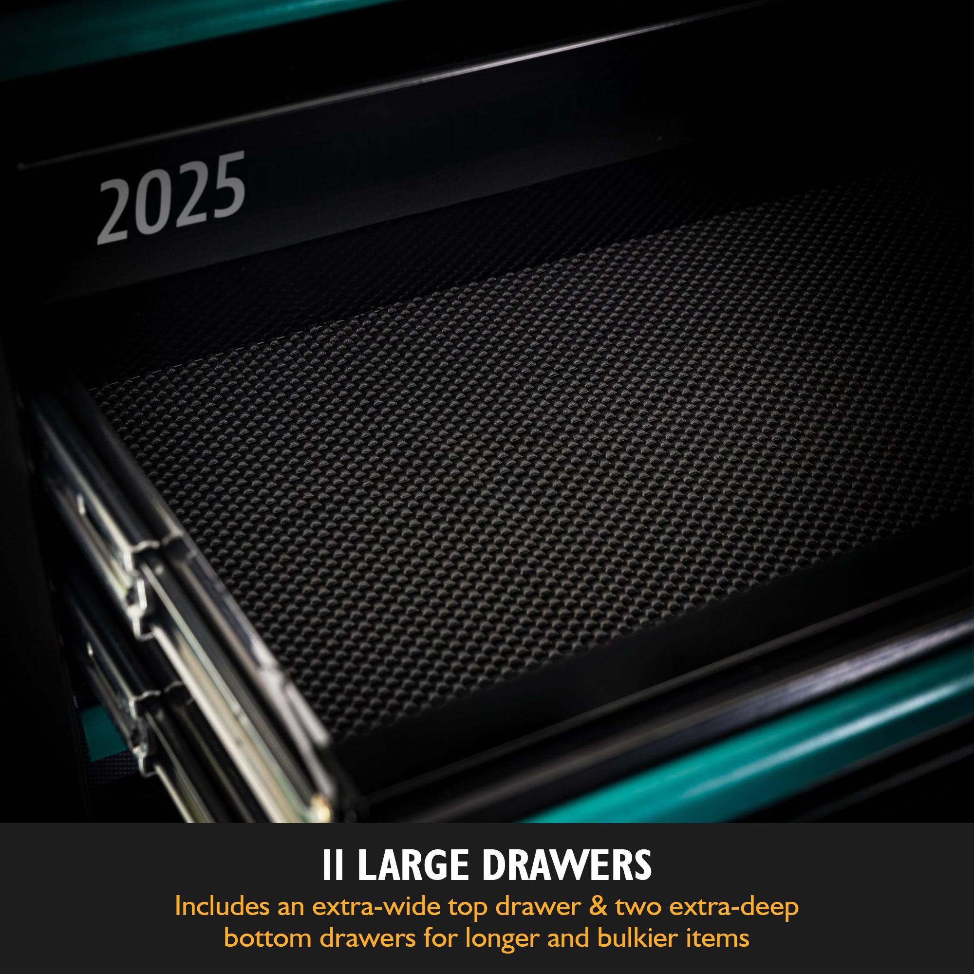 2025 Aston Martin Aramco Formula One™ Team x JCB 42” Steel 11 Drawer Roller Cabinet with Hardwood Worktop