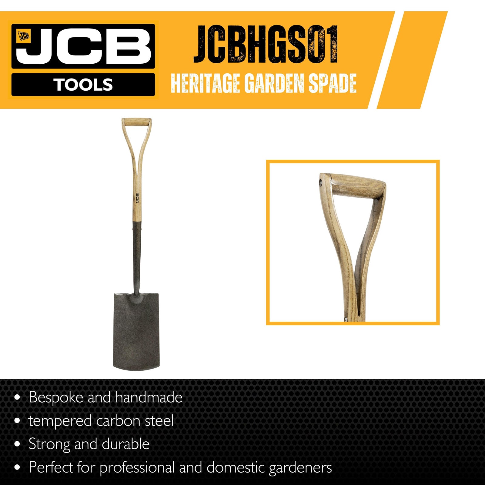 JCB 120 x 250mm Heritage Garden Spade, Heavy-Duty Steel Blade, Ash Wood Split YD Handle | JCBHGS01