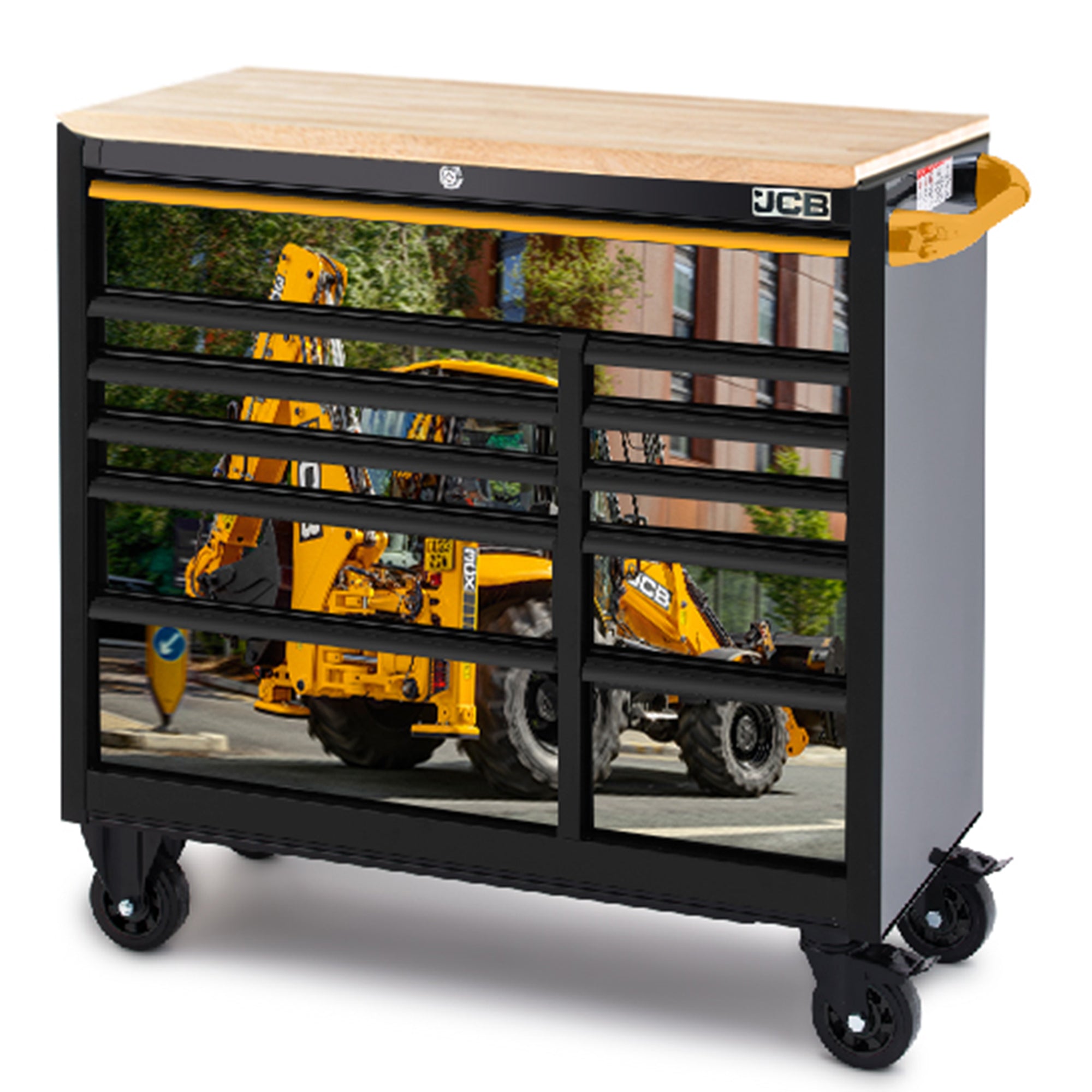 JCB 42’’ Roller Tool Cabinet, 11 Drawers, Steel with Hardwood Worktop and Backhoe Loader Wrap | JCBBHLRCBB