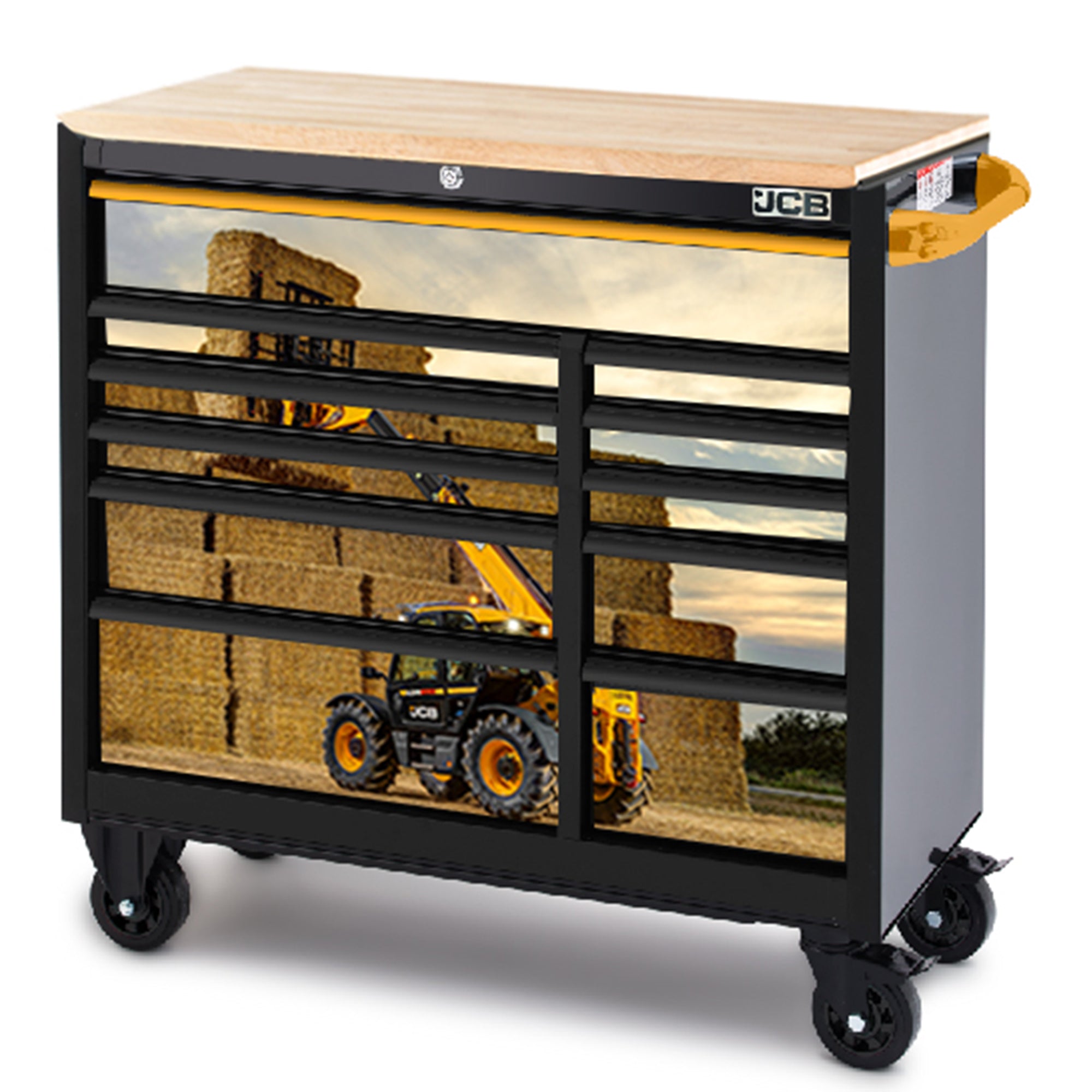 JCB 42’’ Roller Tool Cabinet, 11 Drawers, Steel with Hardwood Worktop and Telehandler Wrap | JCBTLHRCBB