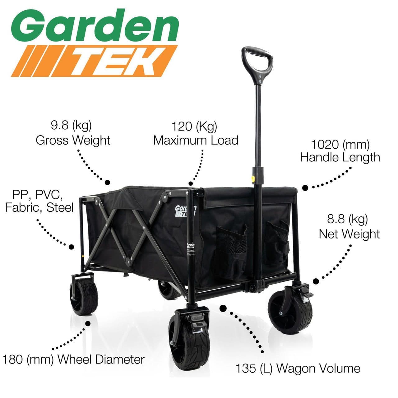 GardenTek Garden Trolley on Wheels, 120kg Load, 135L Capacity with Brakes | GTW260